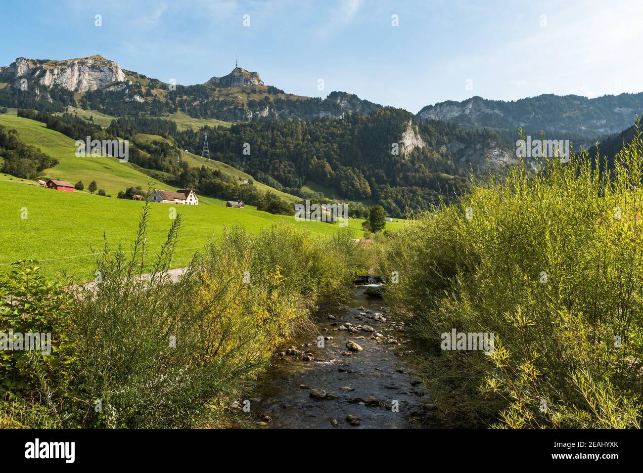 Mountain stream with view of the mountain Hoher Kasten, Bruelisau, Appenzell Alps, Canton of Appenzell-Innerrhoden, Switzerland Stock Photo