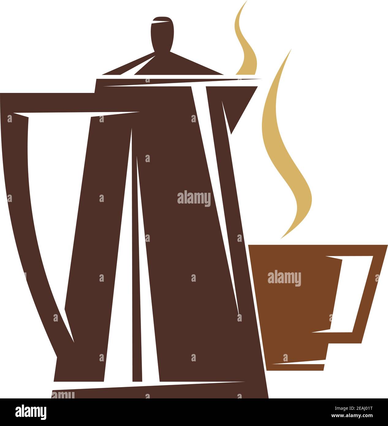 Coffee pot and steaming cup of coffee in shades of brown, vector