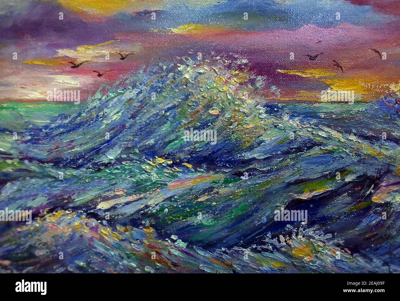 Decoration for the interior.  oil painting sea , wave birds Countryside in the provinces Thailand Stock Photo