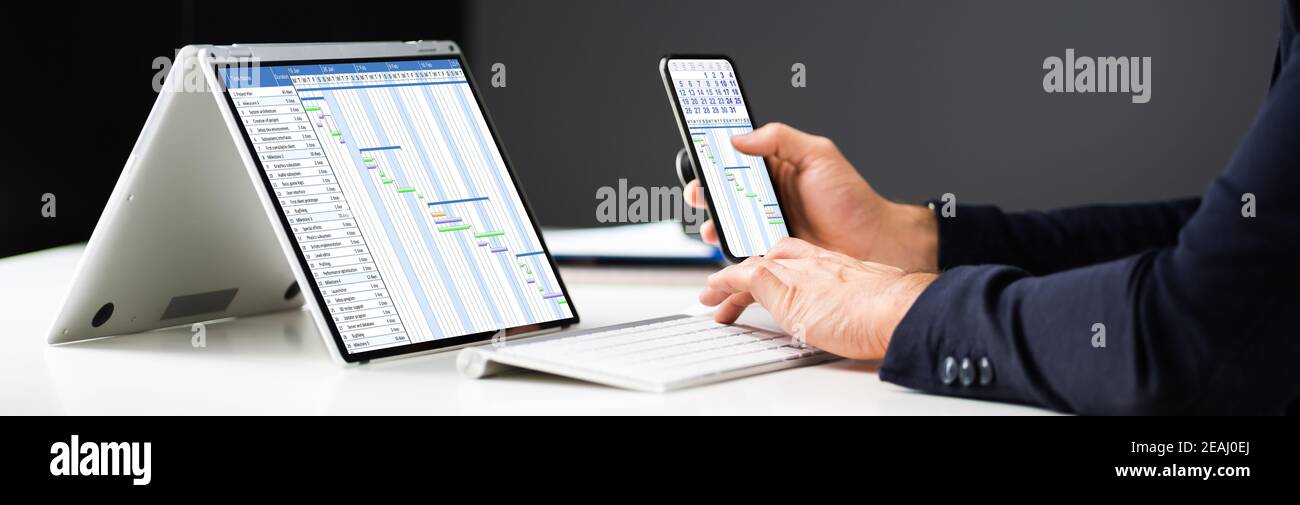 Laptop Digital Electronic Gantt Chart Stock Photo