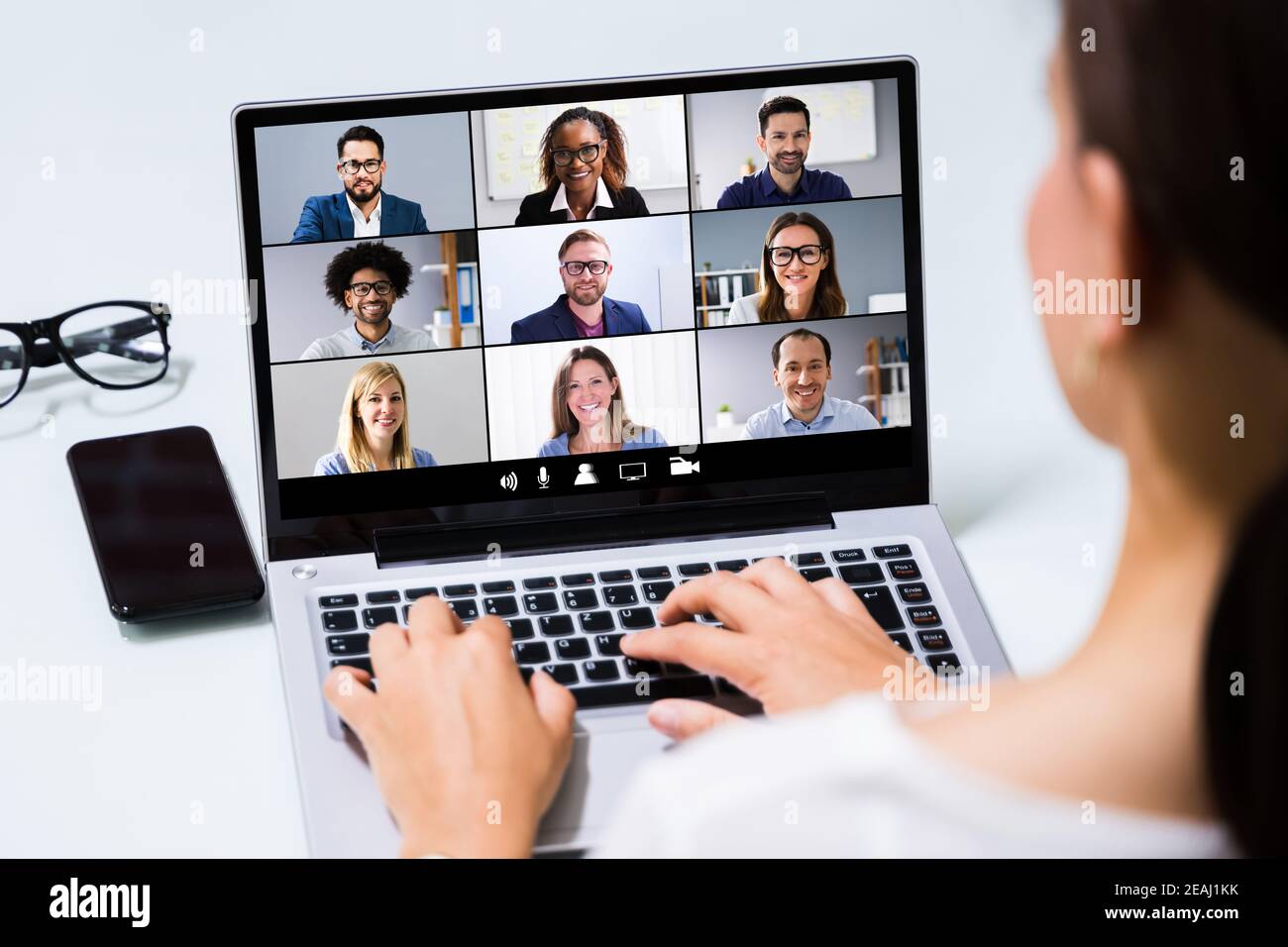 Work From  Home Online Video Conference Stock Photo