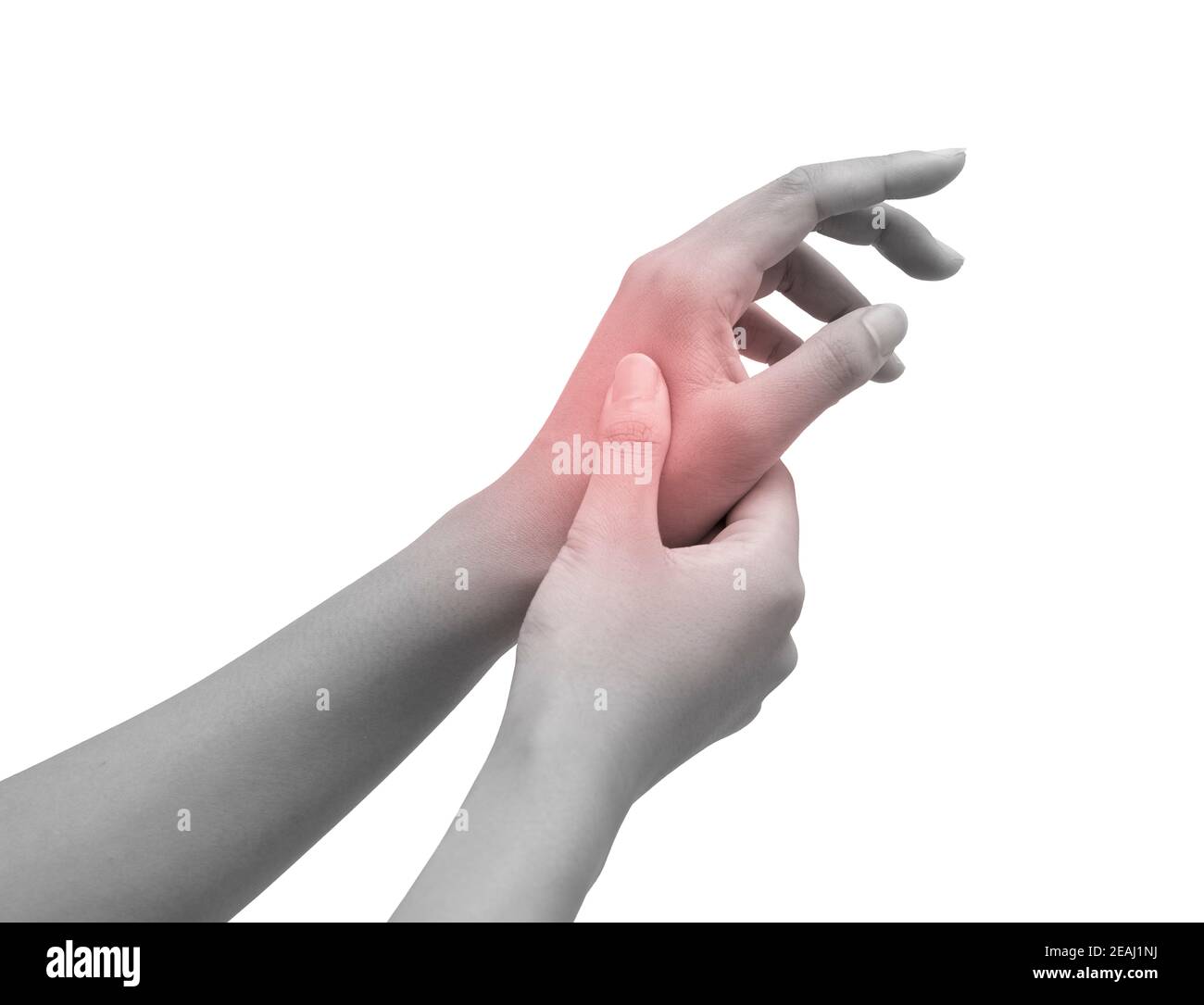 Image of hand pain. Black and white female hand with pain points marked in red Stock Photo