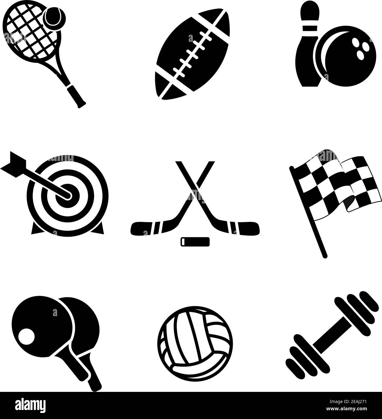 Black and white sporting icons depicting tennis, football, bowls, archery, hockey, motor racing, weight lifting, table tennis,rugby and volleyball Stock Vector