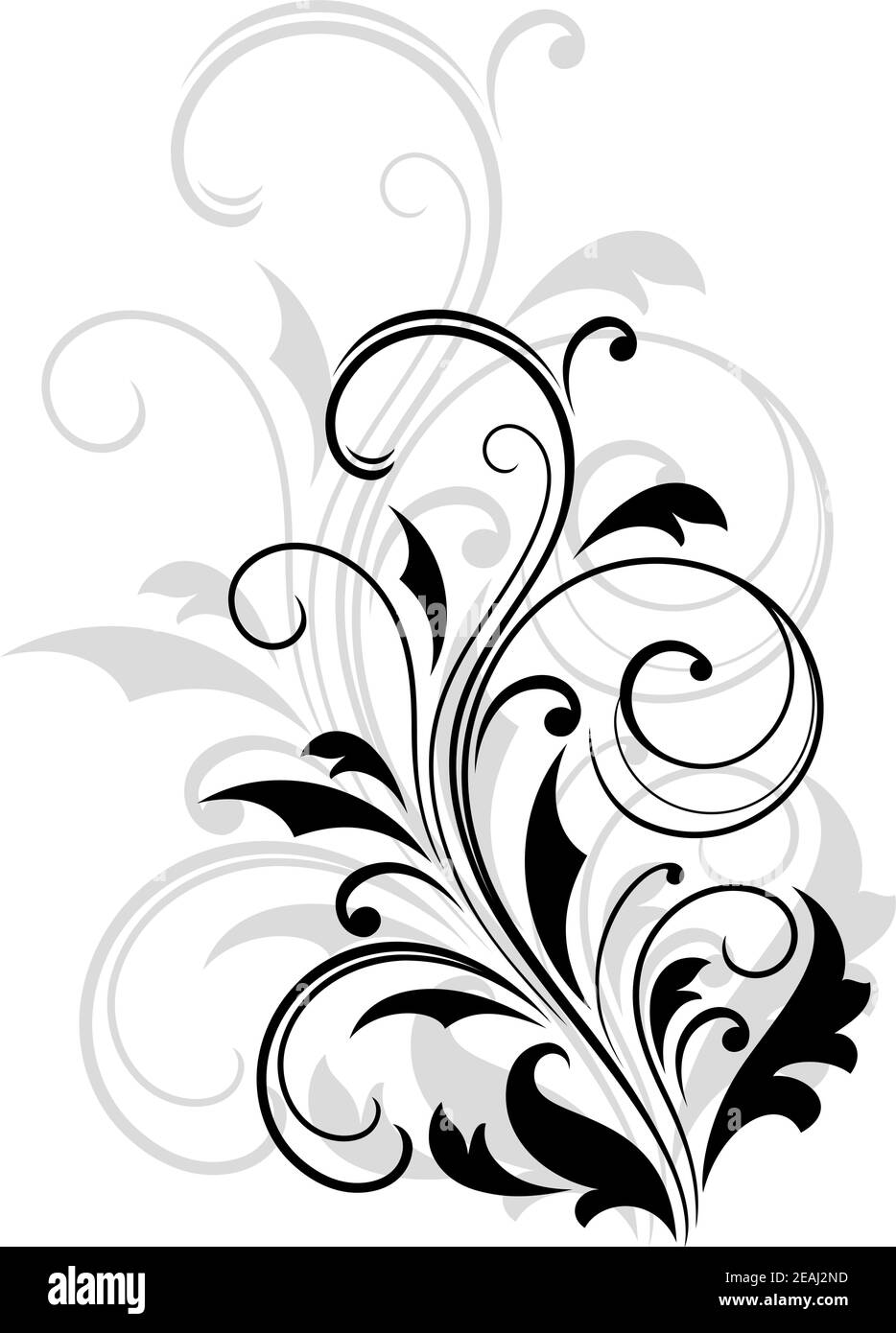 Dainty scrolling black and white floral element with a repeat enlarged design in grey behind it for an elegant vintage effect, vector illustration Stock Vector