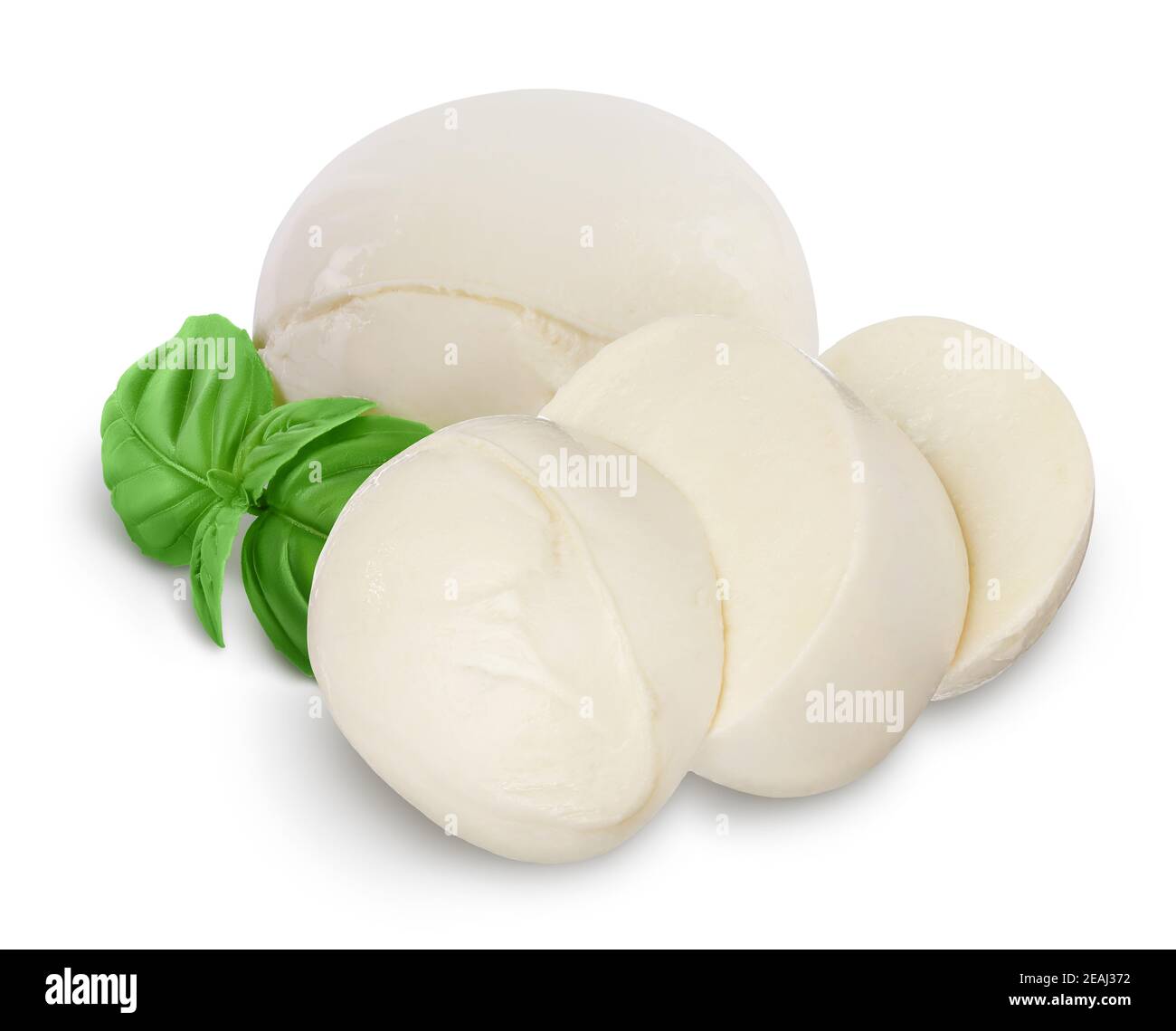Mozzarella cheese sliced isolated on white background with clipping path and full depth of field. Stock Photo