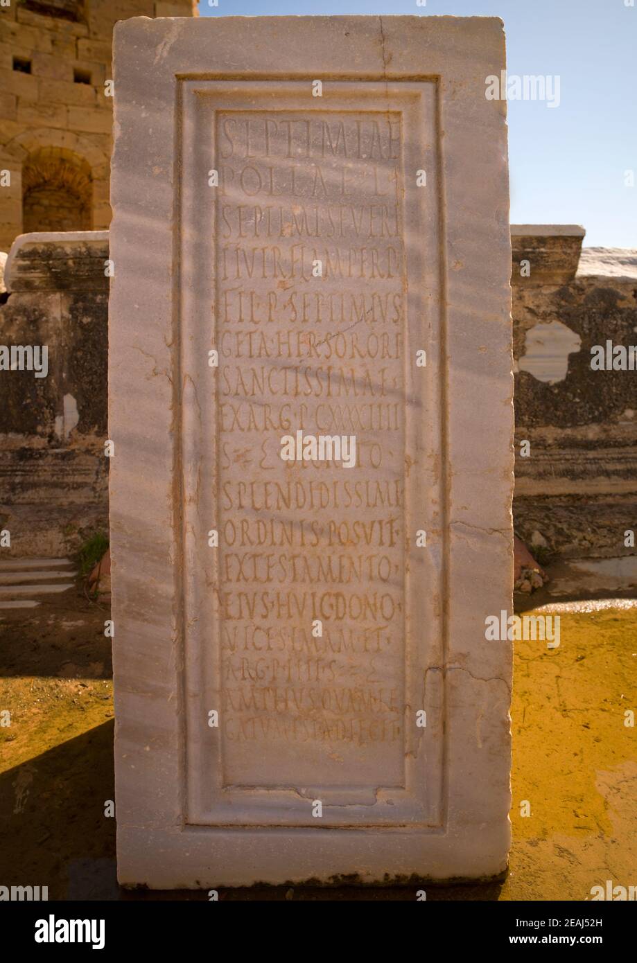 Roman inscriptions in leptis magna, Tripolitania, Khoms, Libya Stock ...