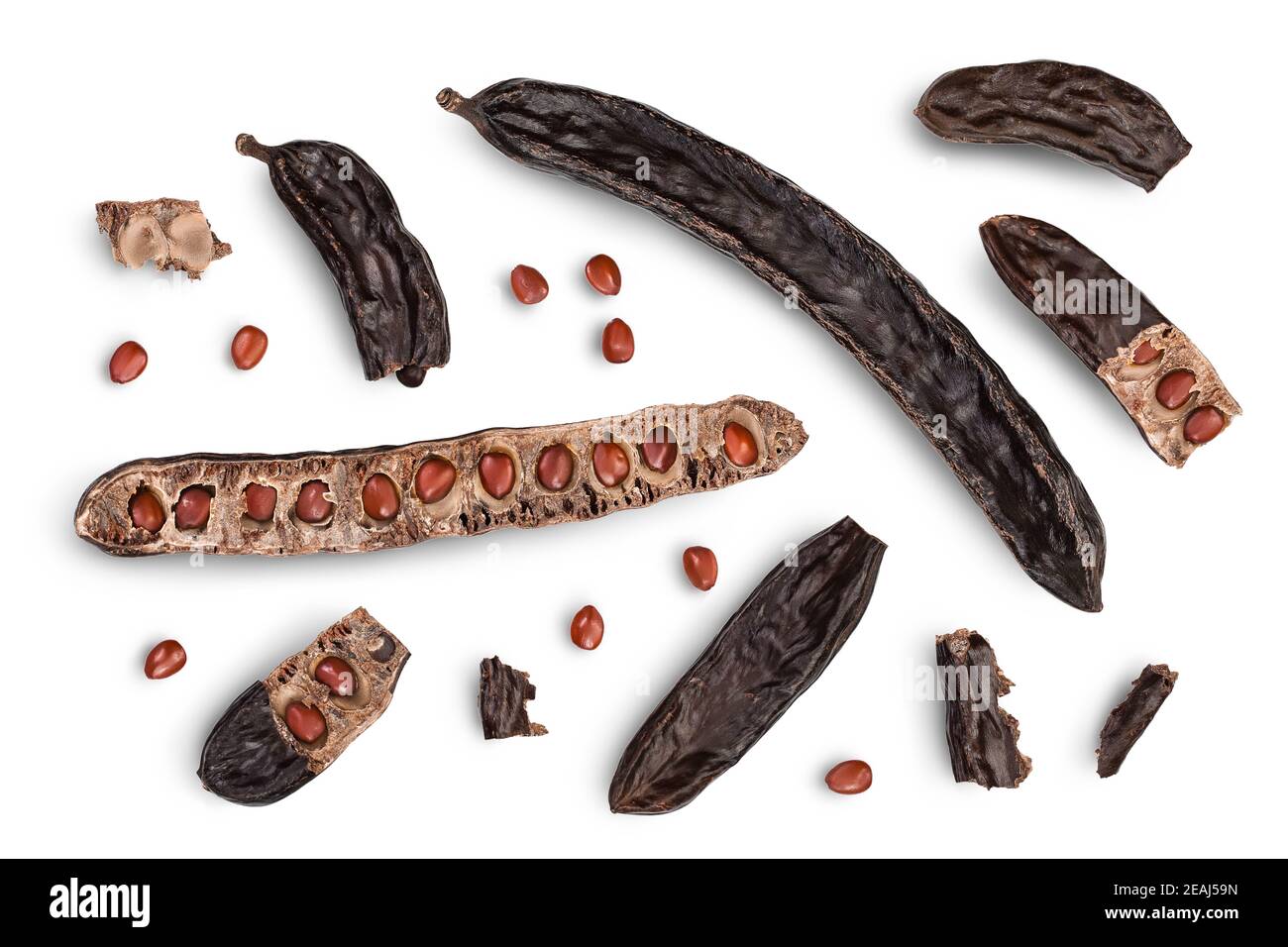 Ripe carob pods and bean isolated on white background with clipping