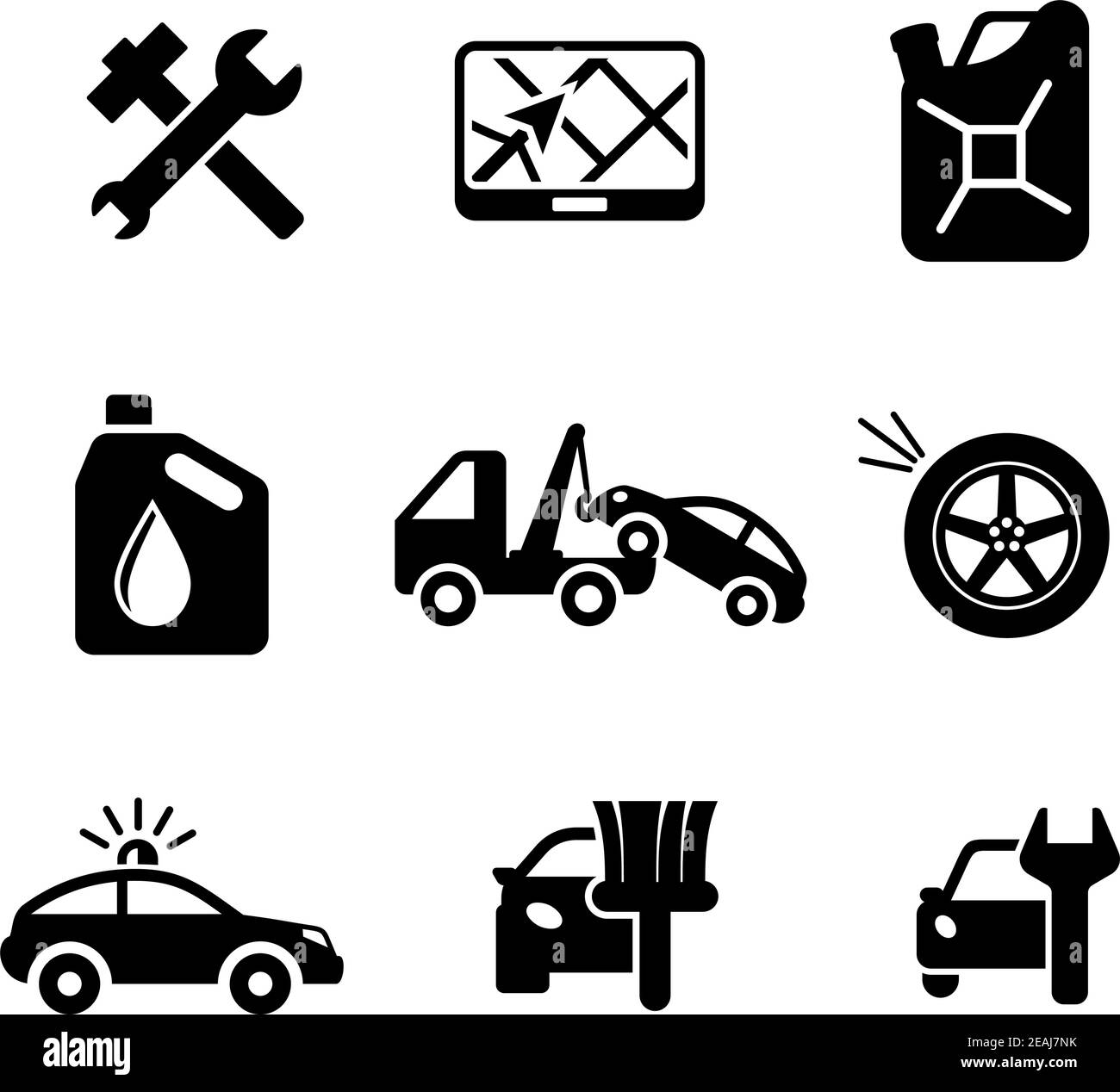 Set of car service and automobile icons including tools, road sign, oil and petrol containers, tow truck, wheel, tyre, jerry can, police, car wash and Stock Vector