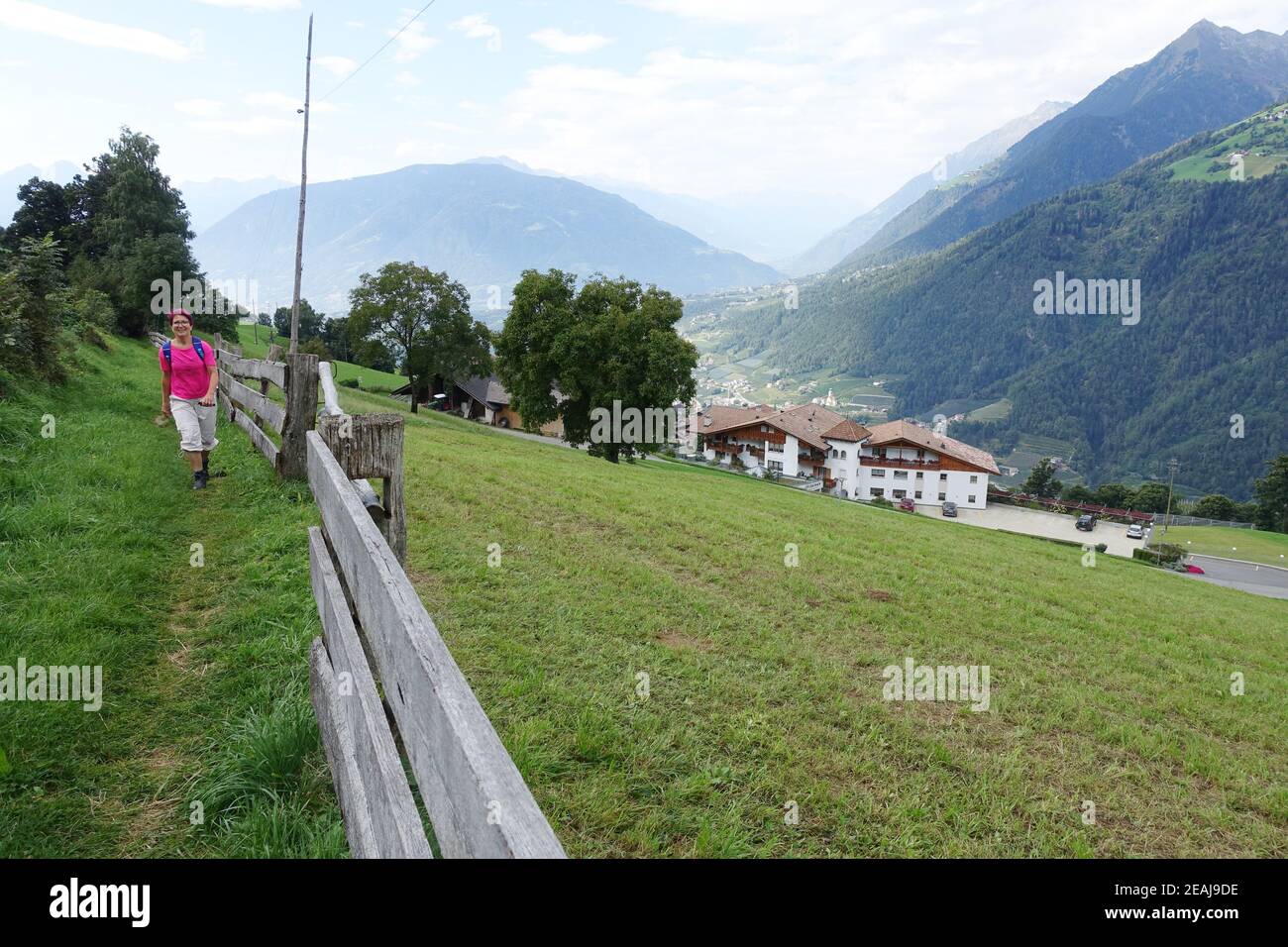 Hike above Verdins with a view over the Passeier Valley towards Vinschgau Stock Photo