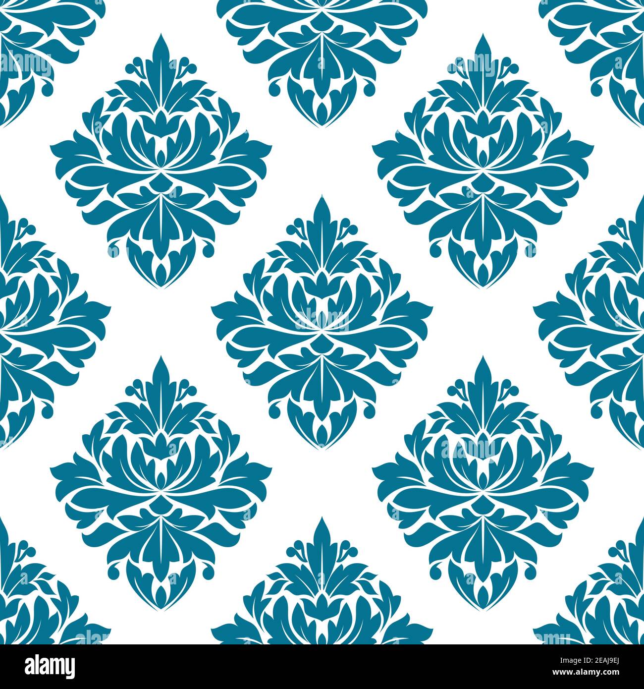 Ornate blue damask style floral pattern in a seamless background ...