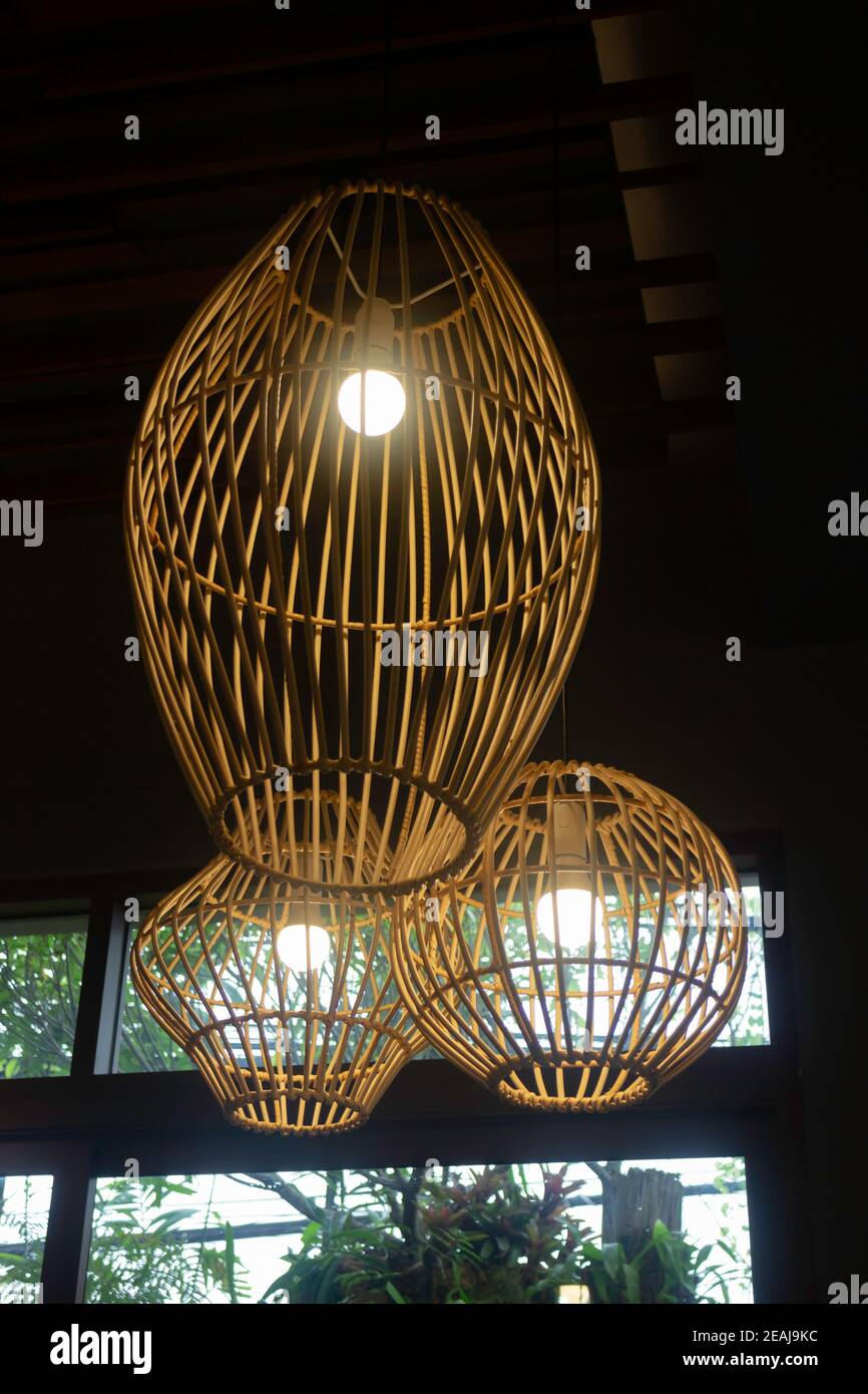 Handmade wicker lampshade decorated in lobby Stock Photo