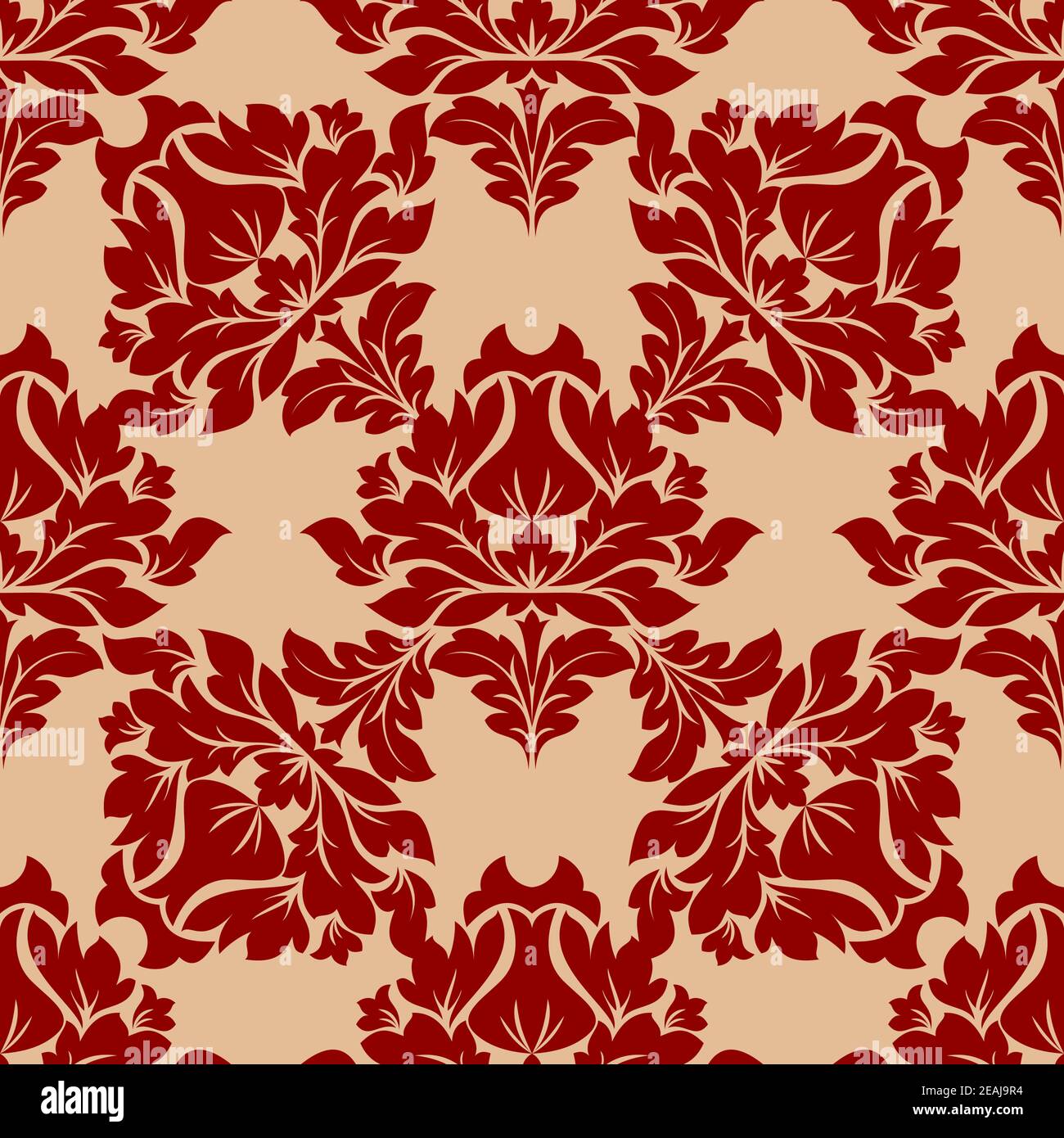 Damask style floral pattern in red with the floral motifs arranged in ...