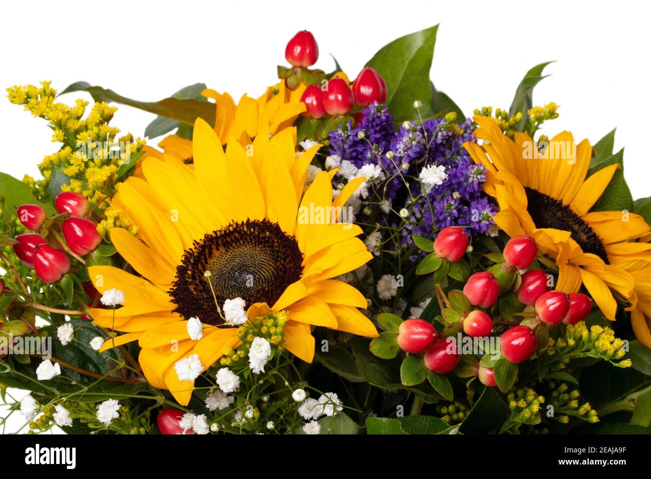 Flower bouquet isolated. Bouquet of beautiful fresh sunflowers top view isolated on a white background. Flower decorations design element. Birthday, Mother day and other festivals. Stock Photo