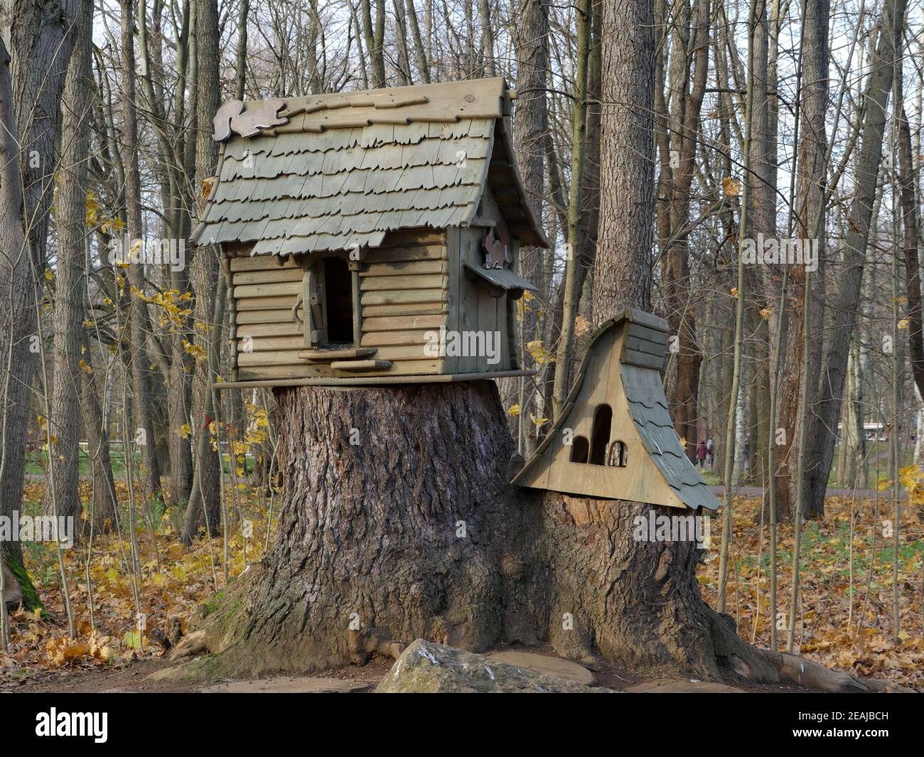 wooden house feeding trough for birds and squirrels Stock Photo