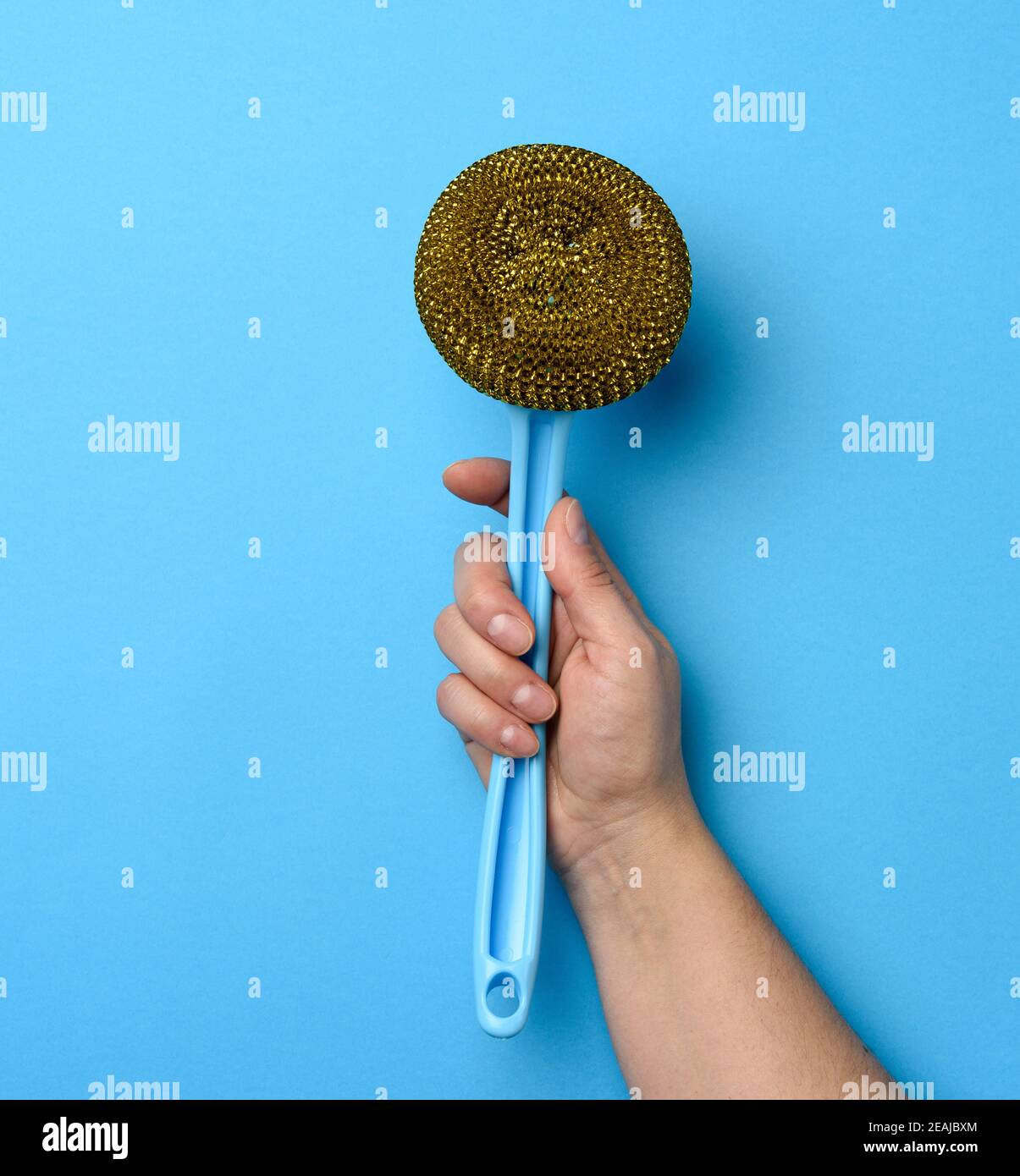 female hand holds plastic brush with a handle on a blue background Stock Photo