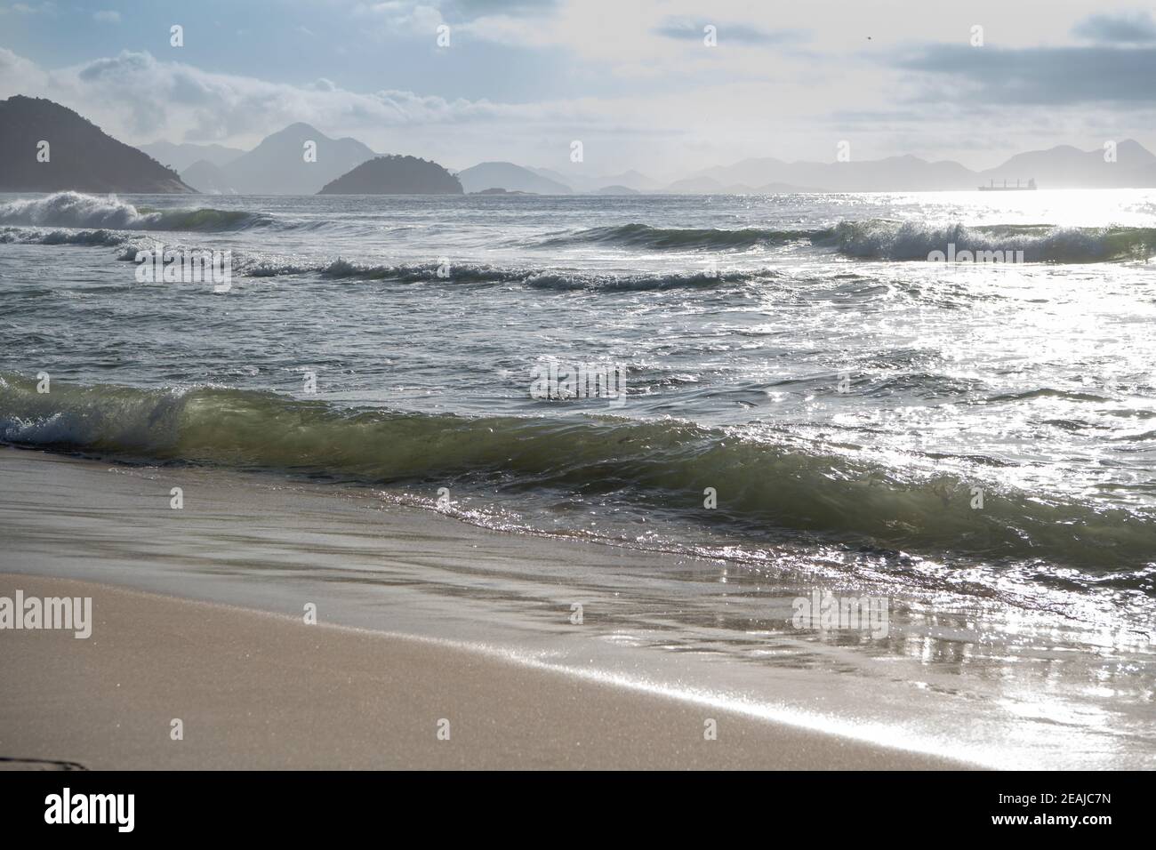 Ocean surf on the beach of Copacabana. Rio de Janeiro, February 2020 Stock Photo