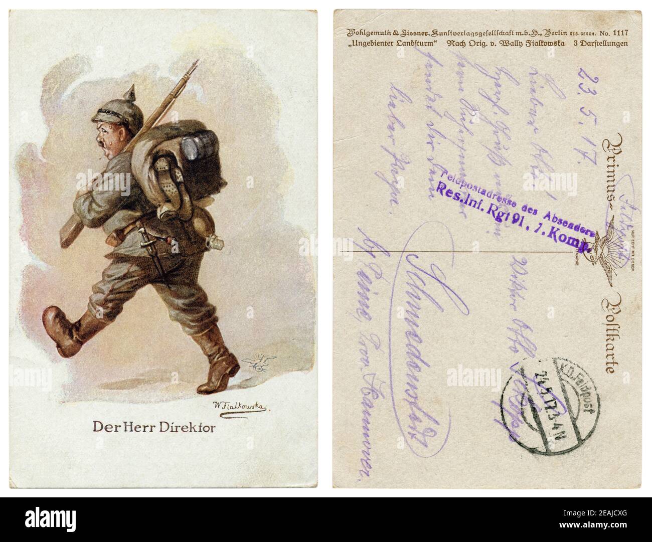 German historical postcard: Der Herr Direktor (The Director). A fat man in full combat lay-out walks and sweats from the weight of the burden. Humor. Stock Photo