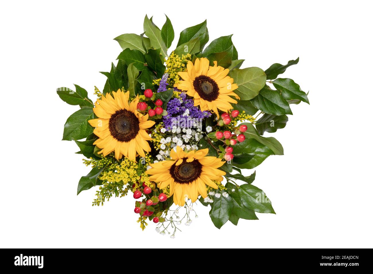 Flower bouquet isolated. Bouquet of beautiful fresh sunflowers top view isolated on a white background. Flower decorations design element. Birthday, Mother day and other festivals. Stock Photo