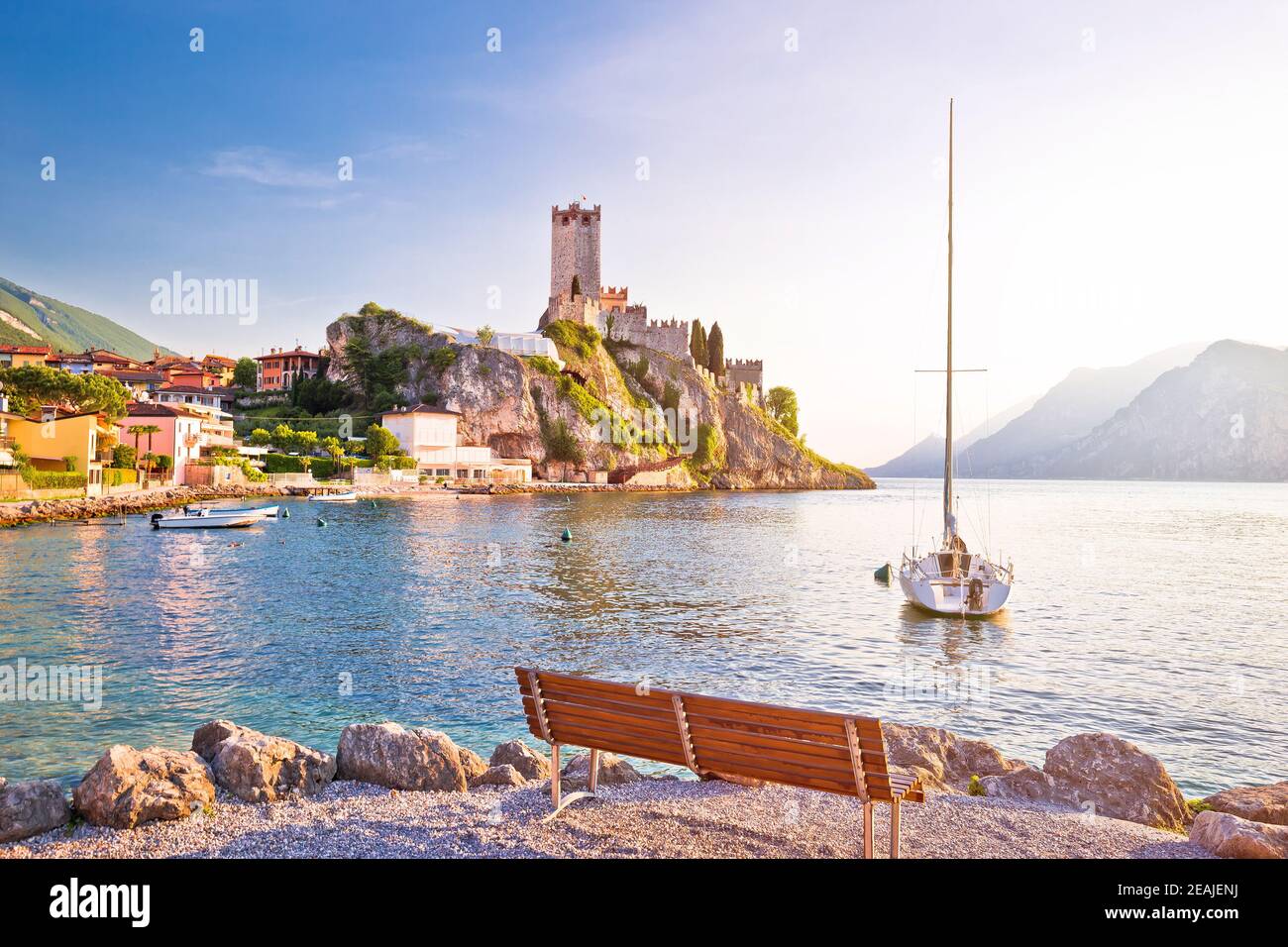 Town of Malcesine castle and beach view, Lago di Garda Stock Photo