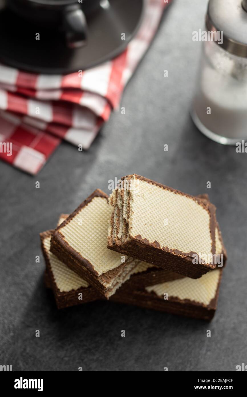 Crispy wafer biscuits filled with chocolate cream. Stock Photo