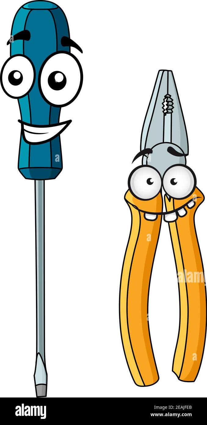Funny goofy cartoon screwdriver and pliers tools with a toothy grin