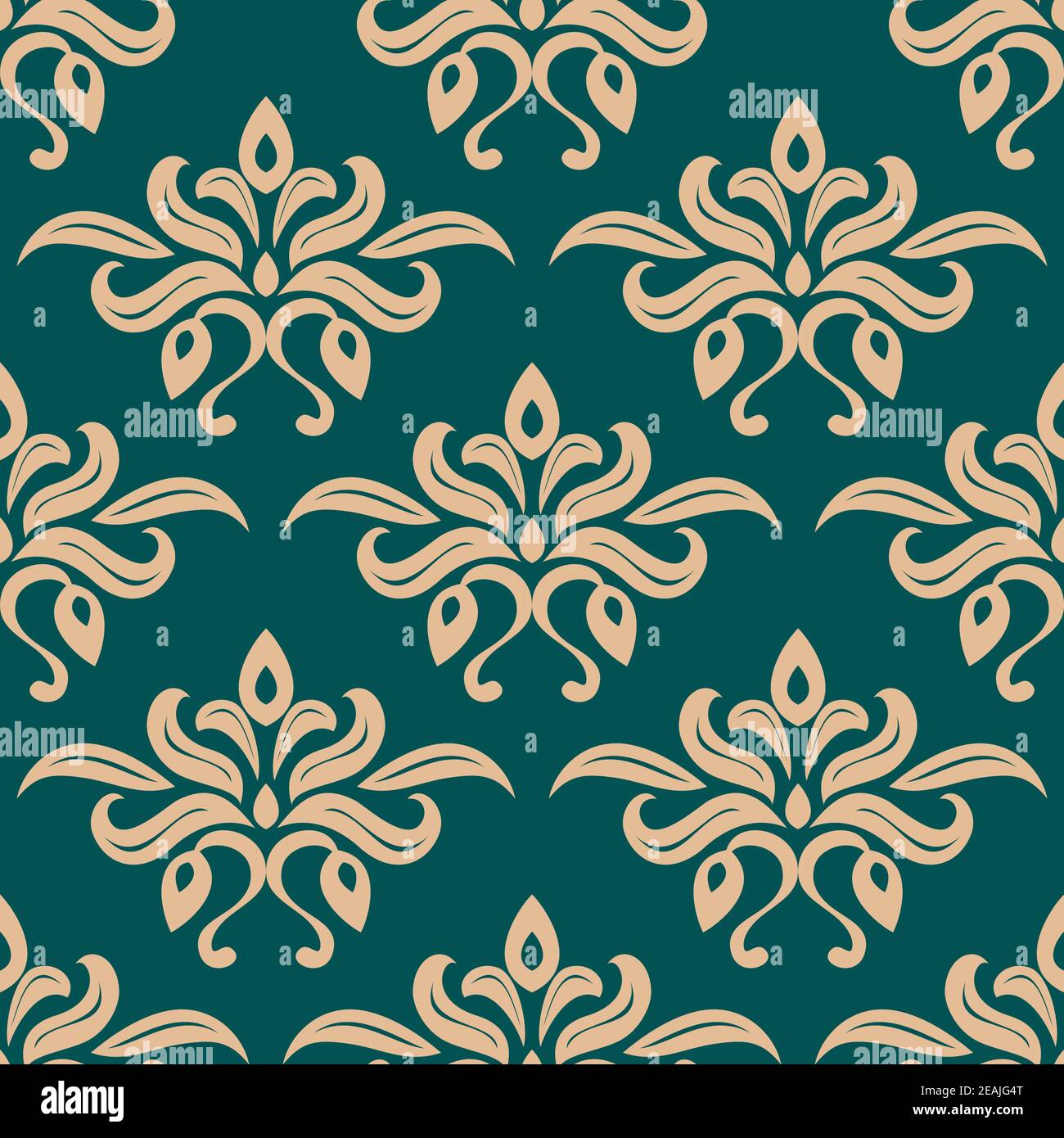 Abstract seamless pattern in square format with stylized bronze tulips bouquets on viridian background for wallpaper or fabric design Stock Vector