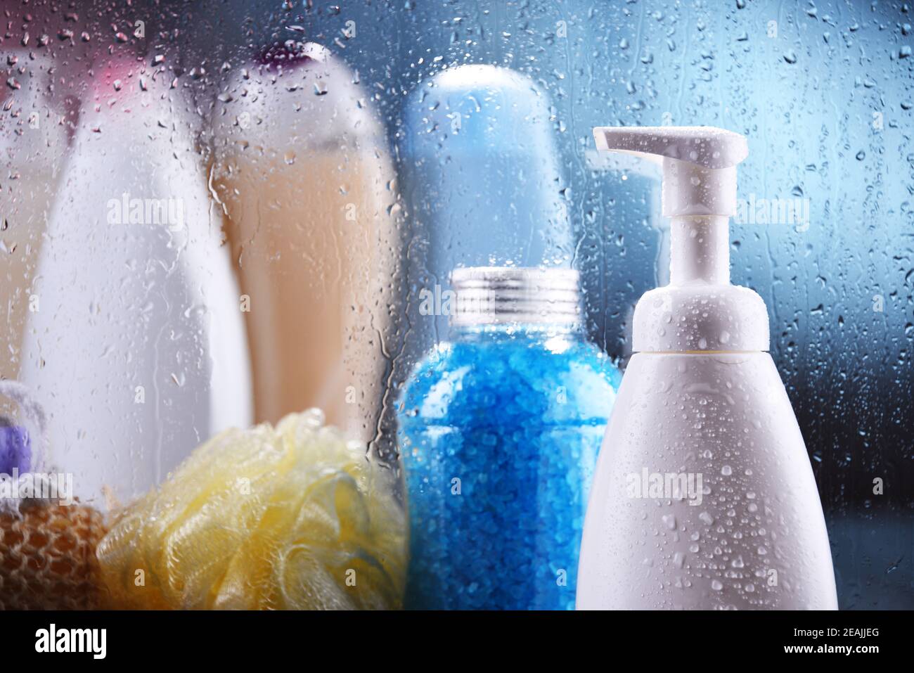 Different containers of body care products in the bathroom Stock Photo