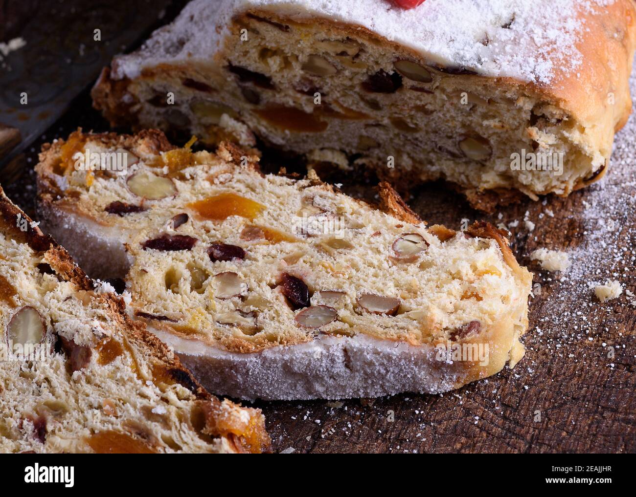 Stollen, a traditional European cake with nuts and candied fruit, is