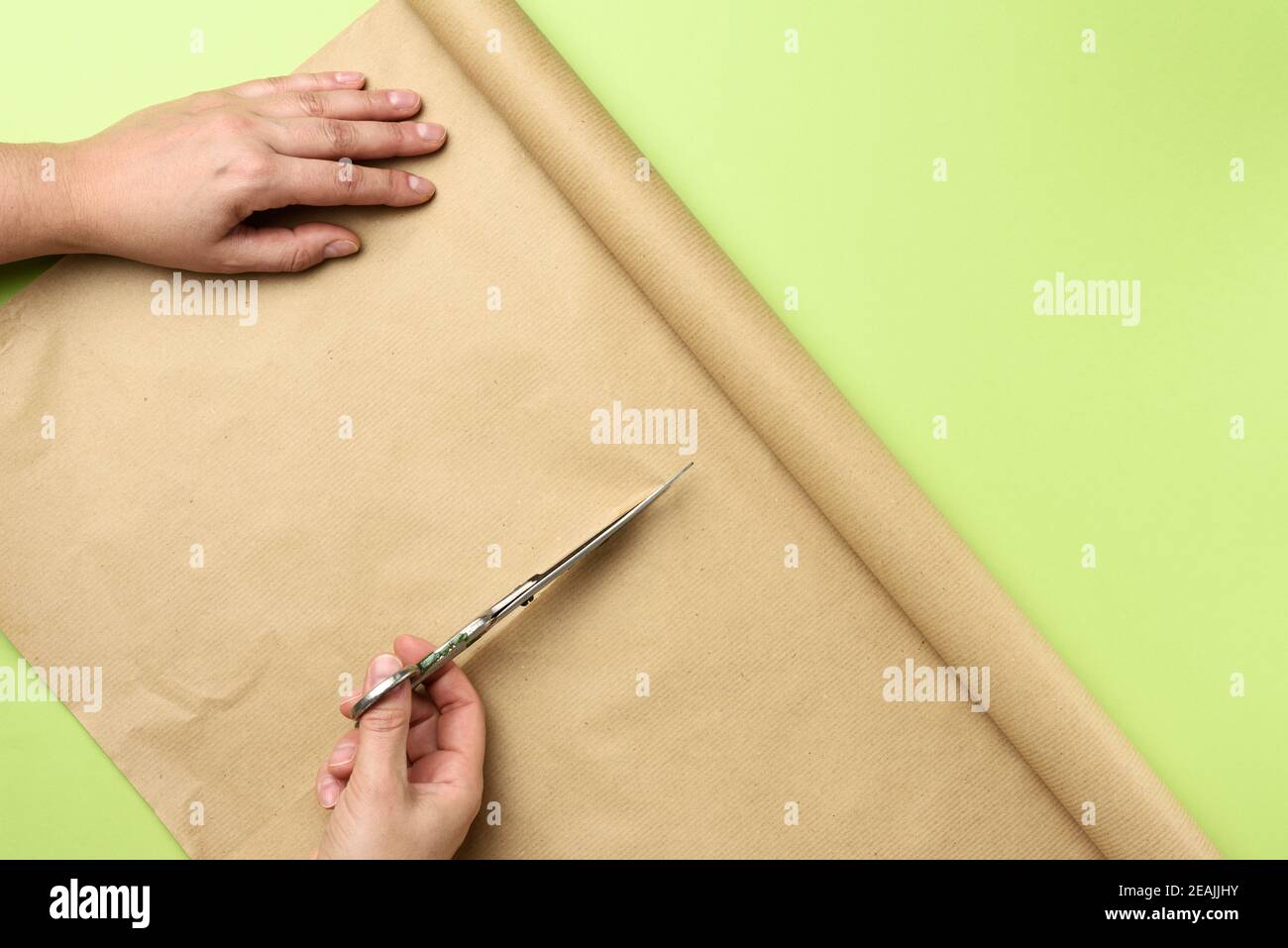 female hand cuts a roll of brown paper with iron scissors on a green background Stock Photo