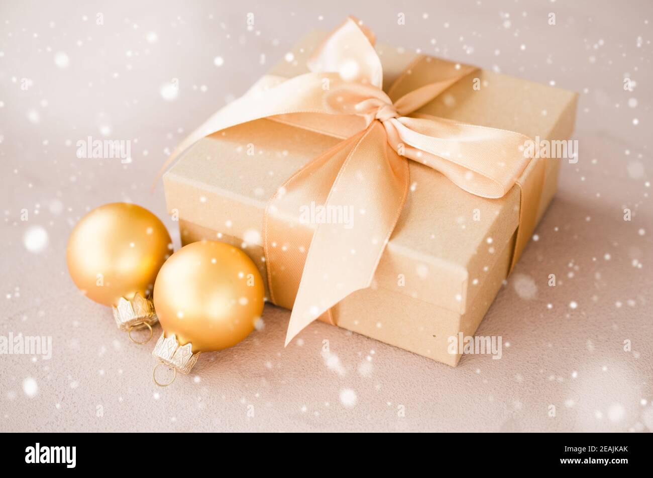 Christmas luxurious gift box with christmas balls. Elegant Christmas background. Stock Photo