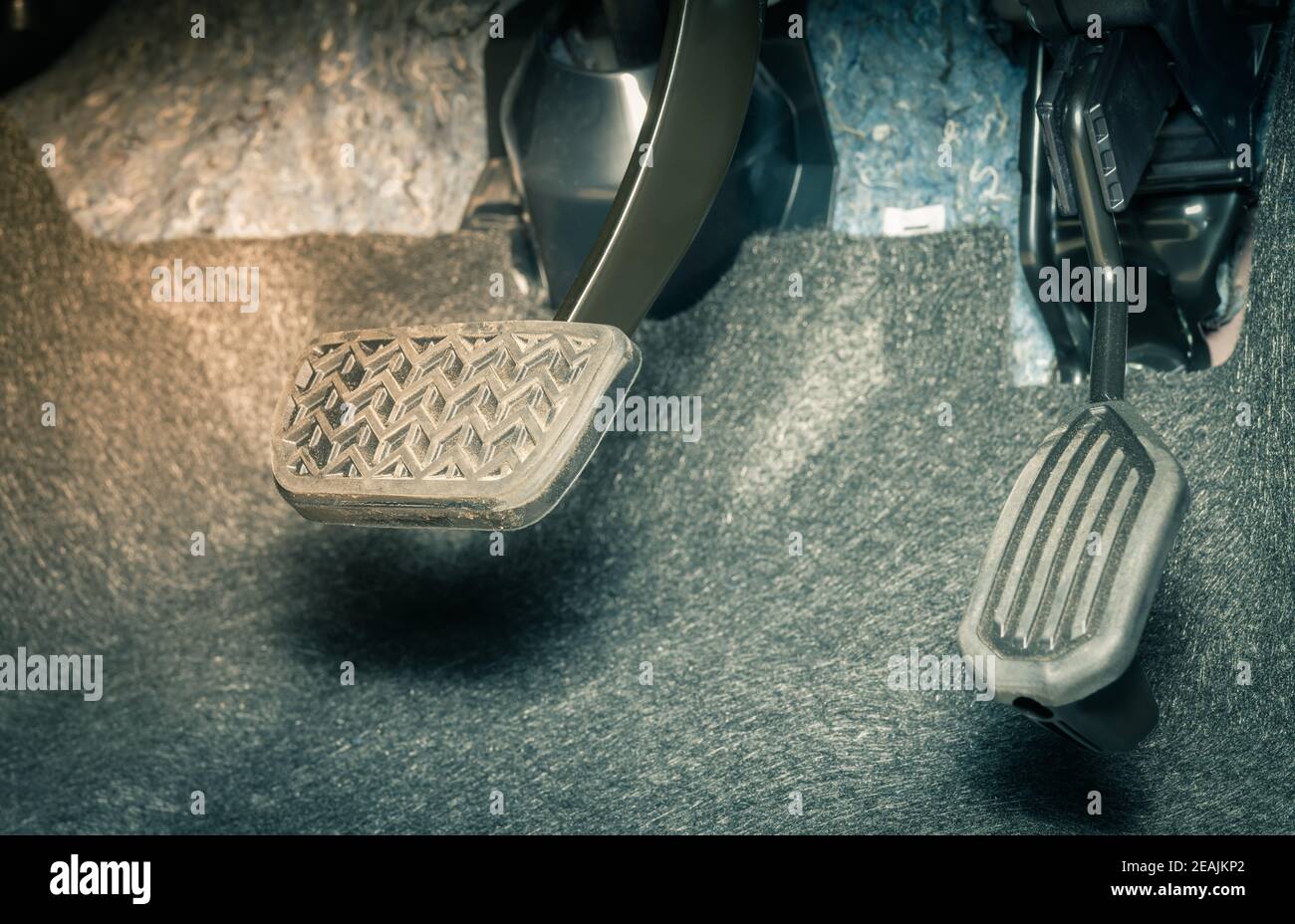 Brake and Accelerator Pedal of Car in Zoom View in Vintage Tone Stock