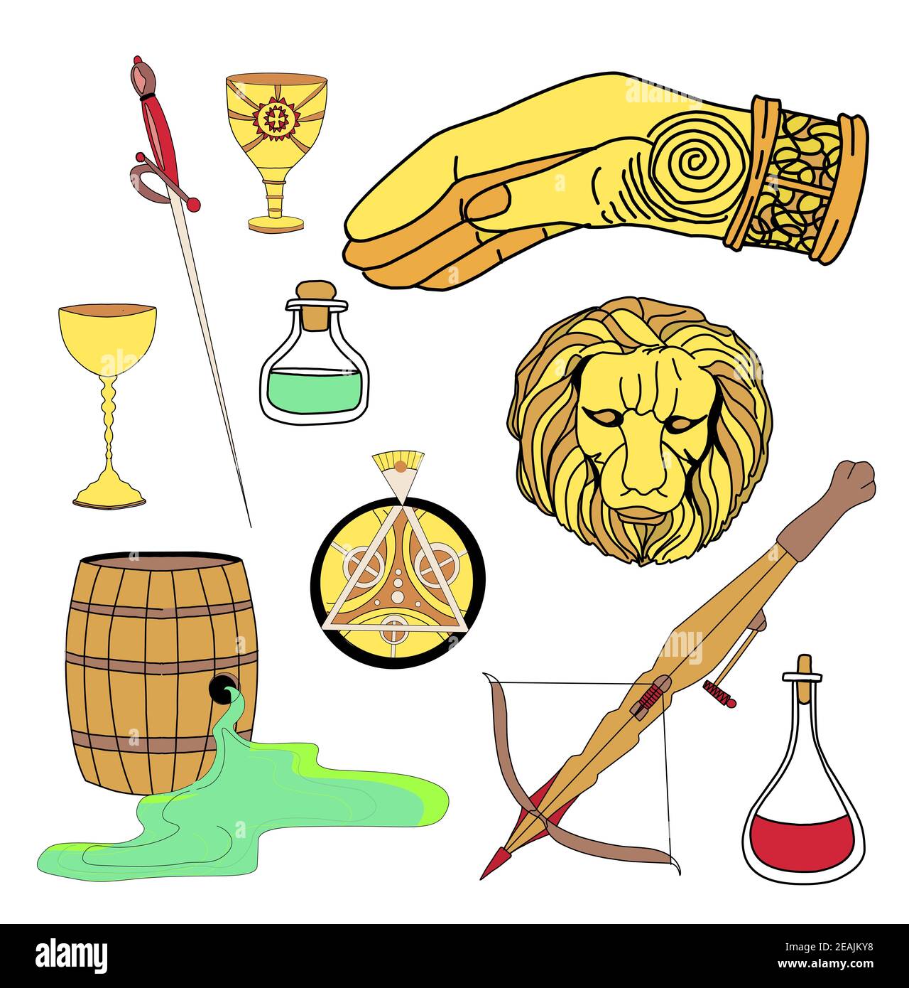 Magic stickers. Wild fire, crossbow, old scroll. The head of a golden lion and the sign of the right hand. Great house symbols collection. Stock Photo