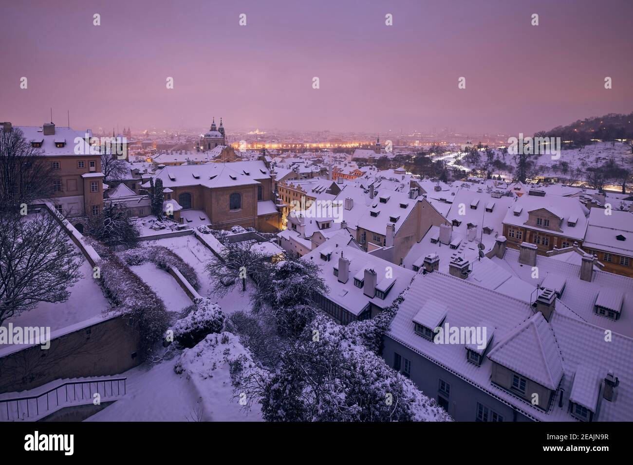 Praha Winter Cityscape of Prague in winter. View of snowy roofs of Lesser Town at ...