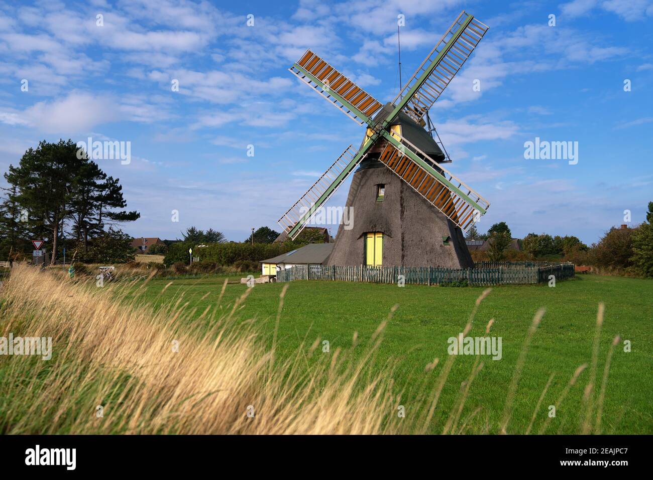 Windmill, Nebel, Amrum, Germany Stock Photo