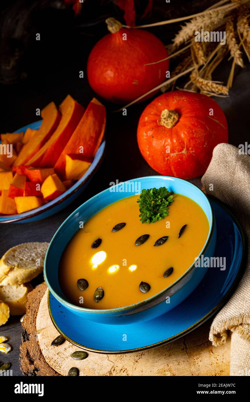 delicious creamy pumpkin soup with coconut milk Stock Photo