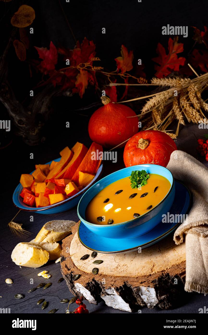 delicious creamy pumpkin soup with coconut milk Stock Photo