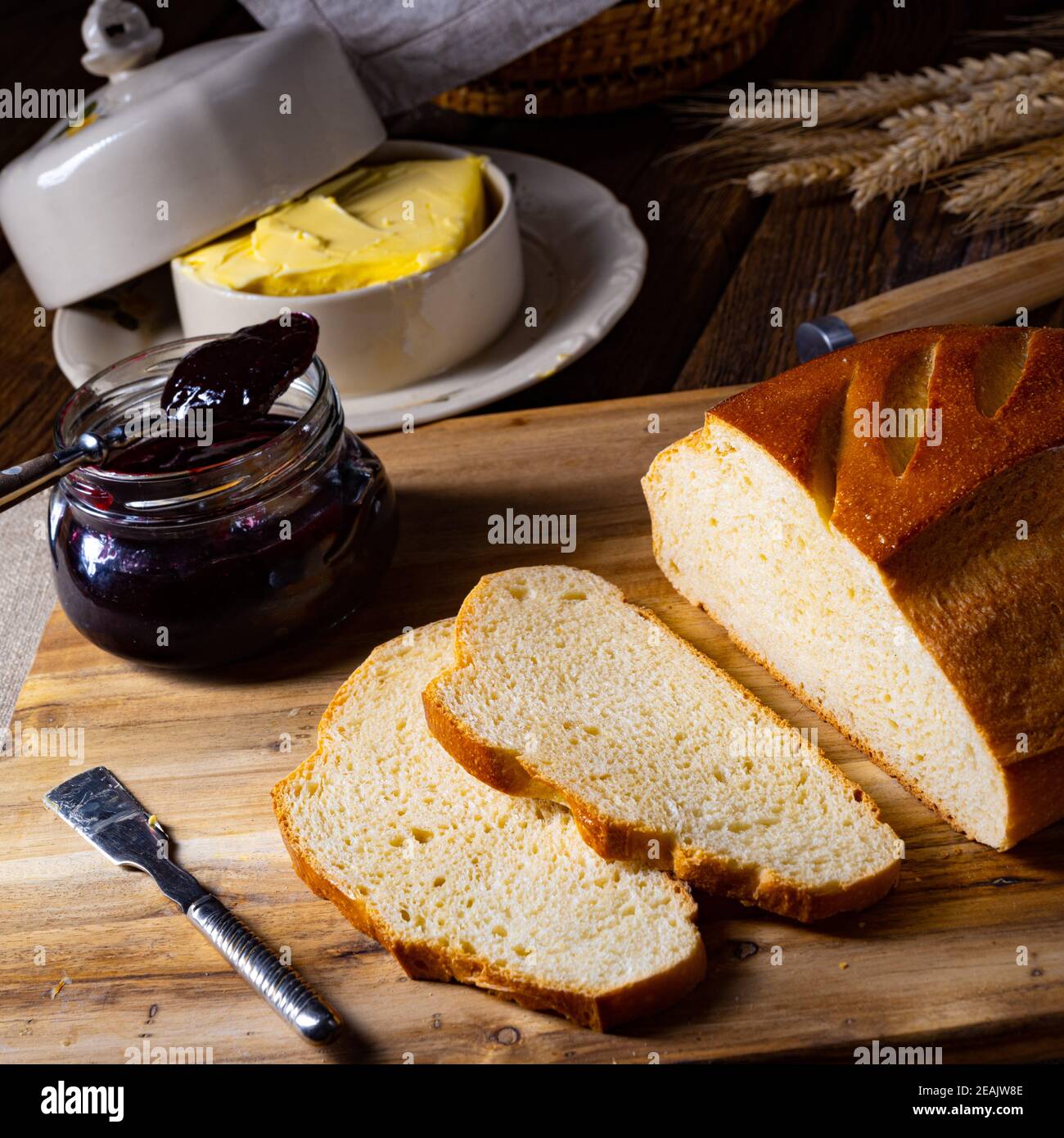 white bread with butter and delicious jam Stock Photo