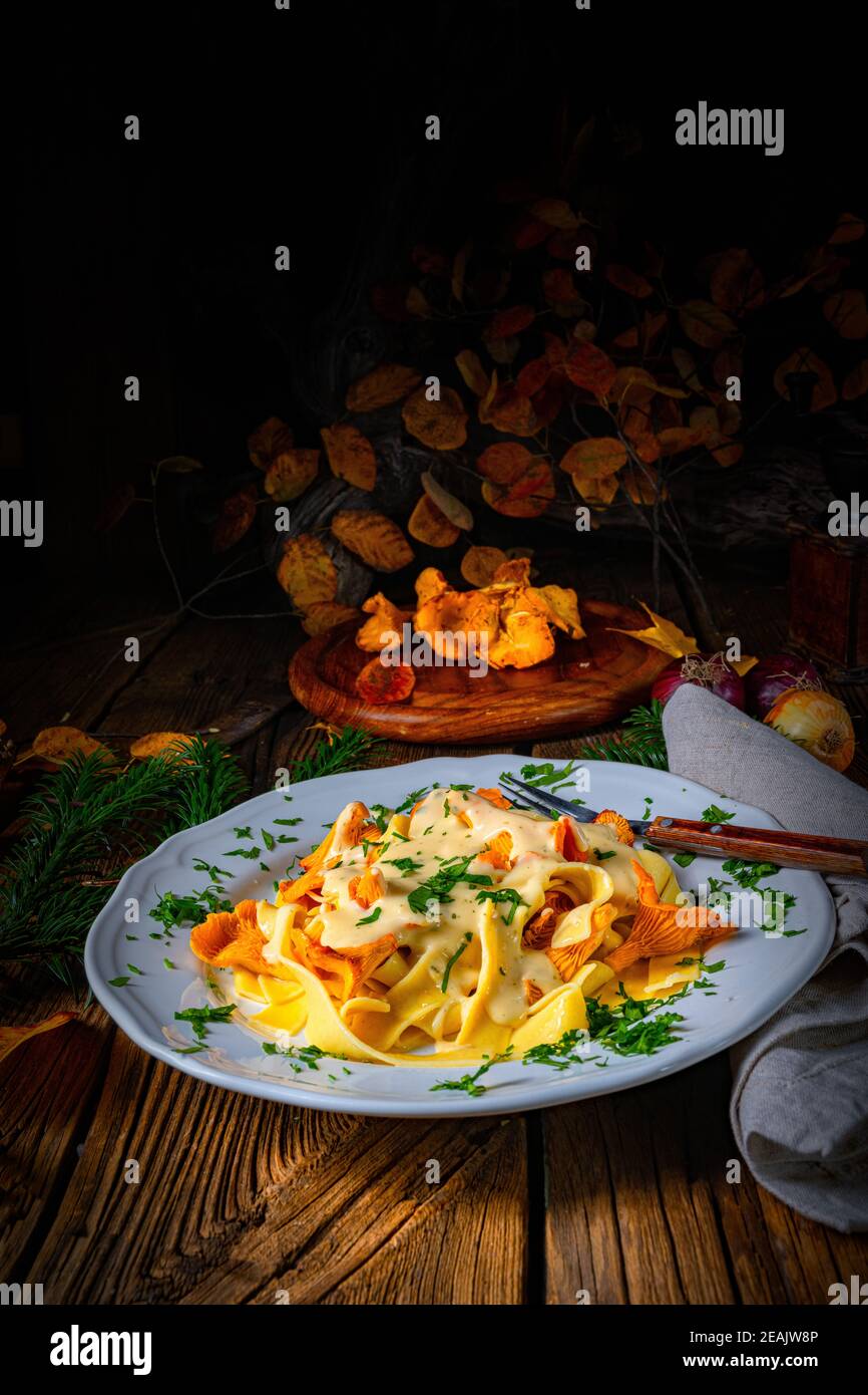 Tagliatelle with fresh chanterelles in a mushroom sauce Stock Photo