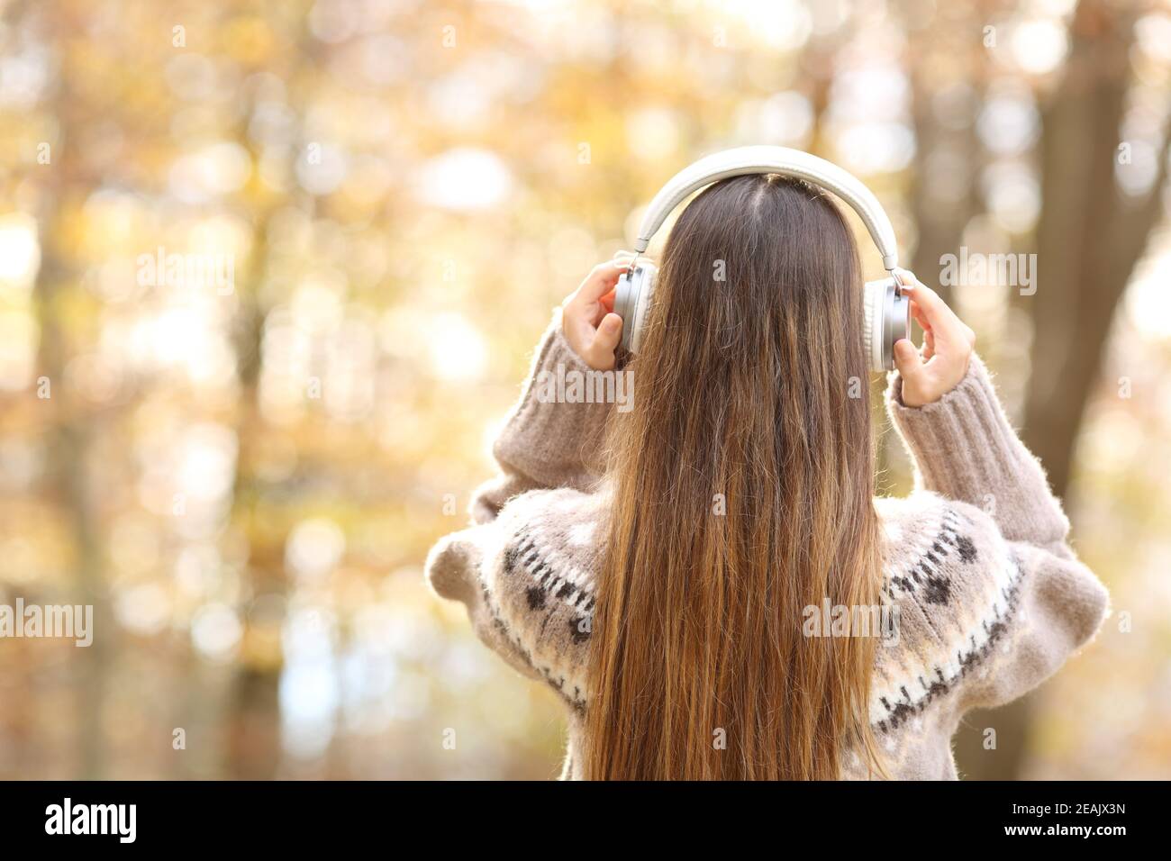Back view of woman putting headphones in autumn Stock Photo