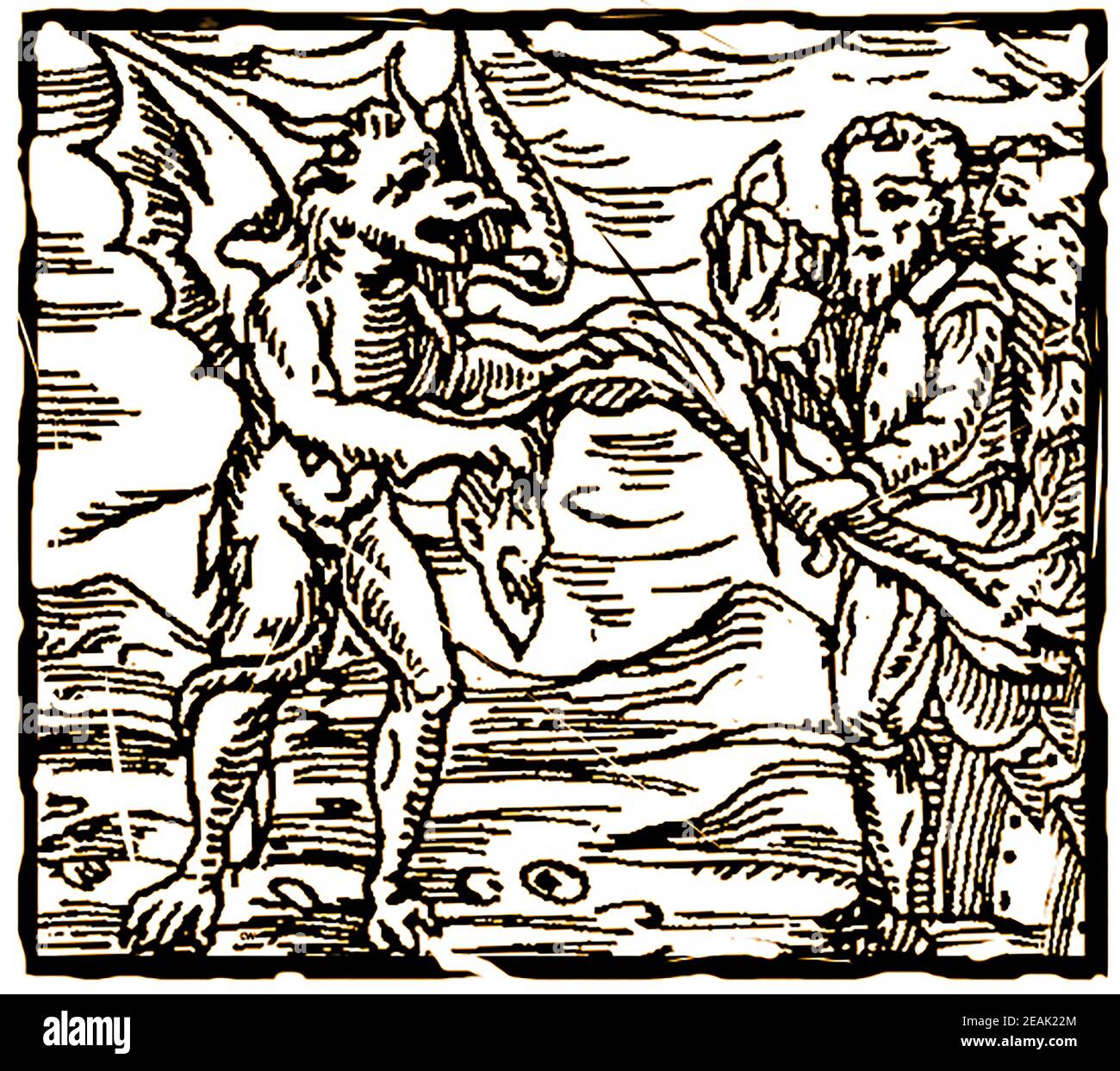 A 17th century woodcut engraving showing the evils of a belief in magic and  demonology for those following conventional religion. In this scene a man is seen making a pact with the devil. Stock Photo
