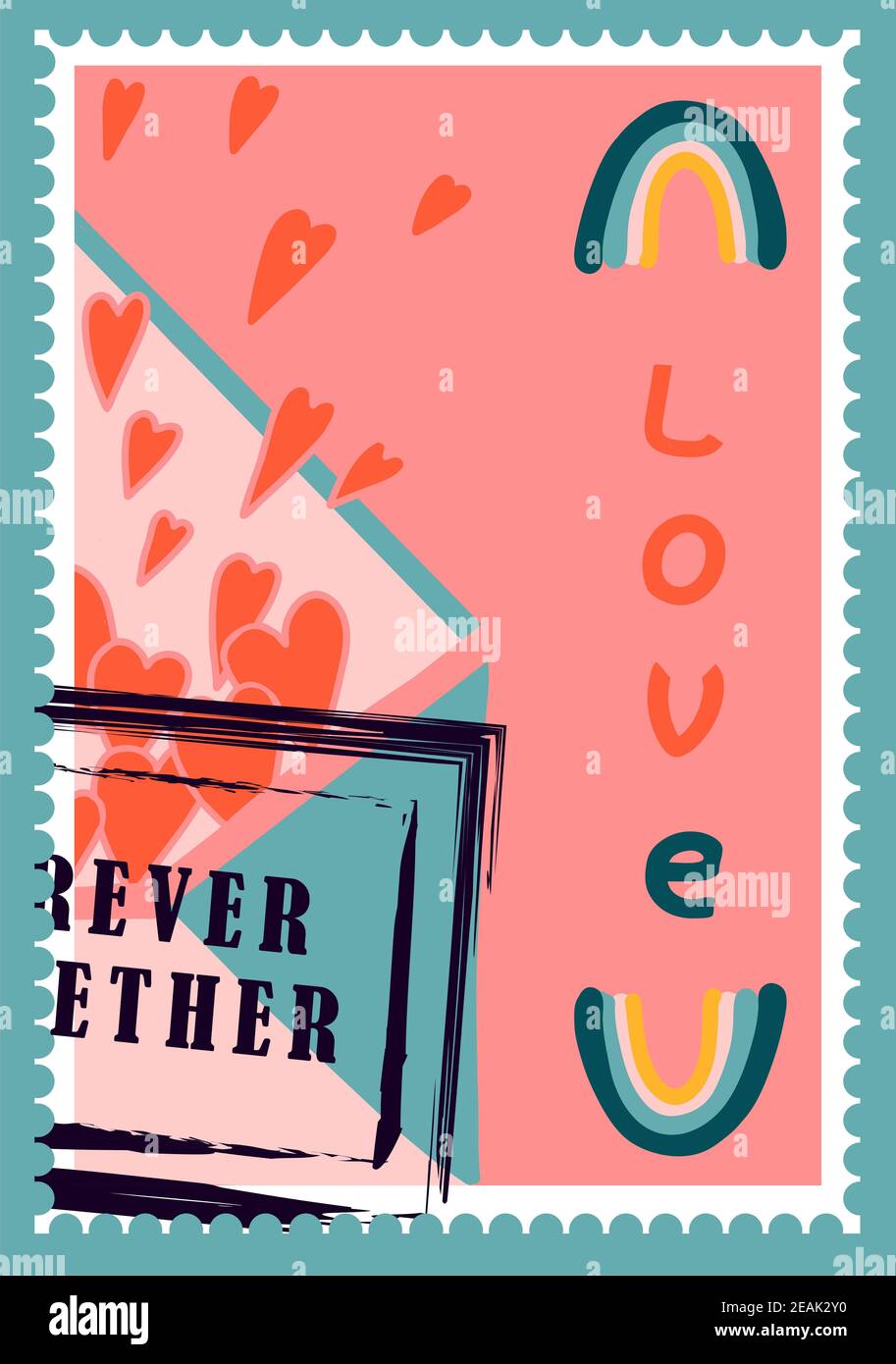 romantic postage stamps. envelopes and cards for valentine's day. Top-down view. Modern vector illustration for web design and print. Retro stamps. Correspondence and postal delivery concept Stock Photo