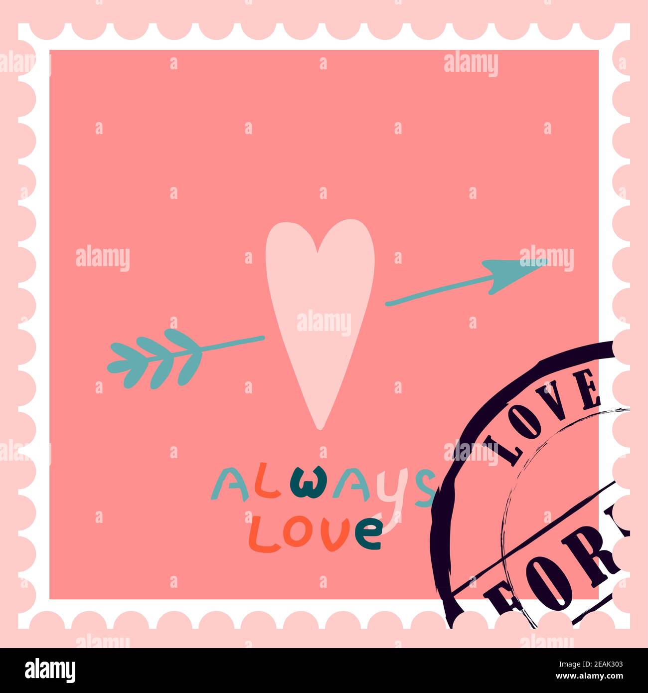 romantic postage stamps. envelopes and cards for valentine's day. Top-down view. Modern vector illustration for web design and print. Retro stamps. Correspondence and postal delivery concept Stock Photo