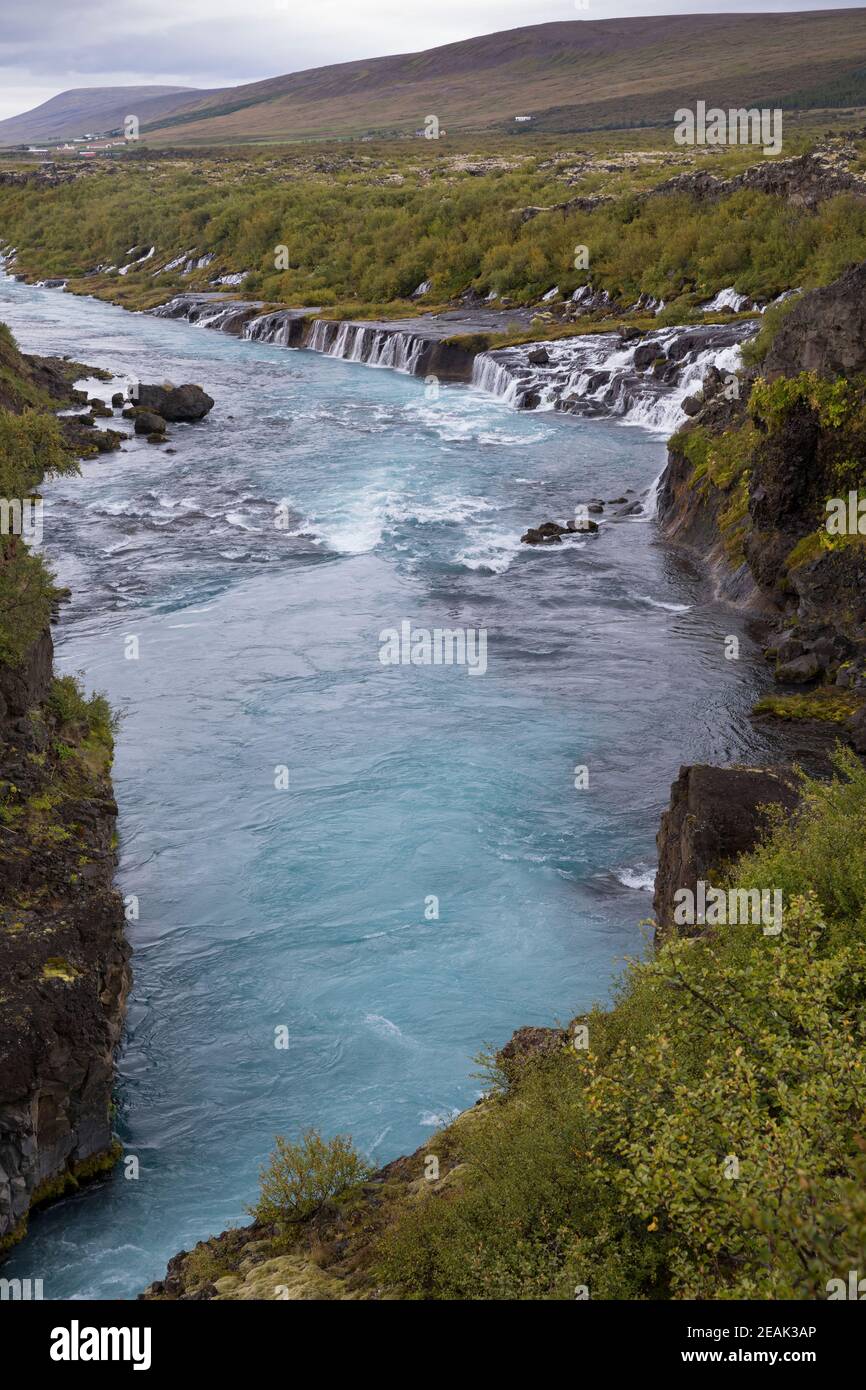 Hraunfossar, 'Lavawasserfälle', Wasserfälle in den Fluss Hvítá in der Nähe der Orte Húsafell und Reykholt im Westen Islands, Auf einer Länge von ca. 7 Stock Photo