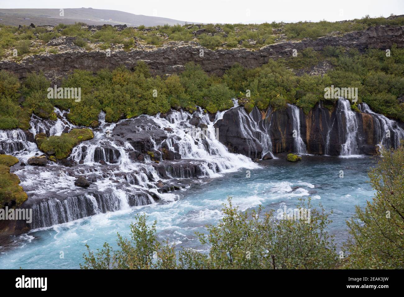 Hraunfossar, 'Lavawasserfälle', Wasserfälle in den Fluss Hvítá in der Nähe der Orte Húsafell und Reykholt im Westen Islands, Auf einer Länge von ca. 7 Stock Photo