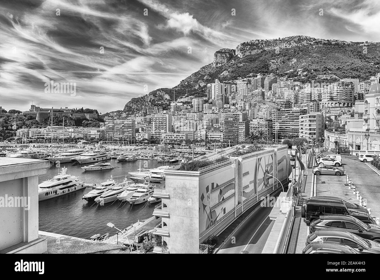 View over luxury yachts and apartments in Monte Carlo, Monaco Stock
