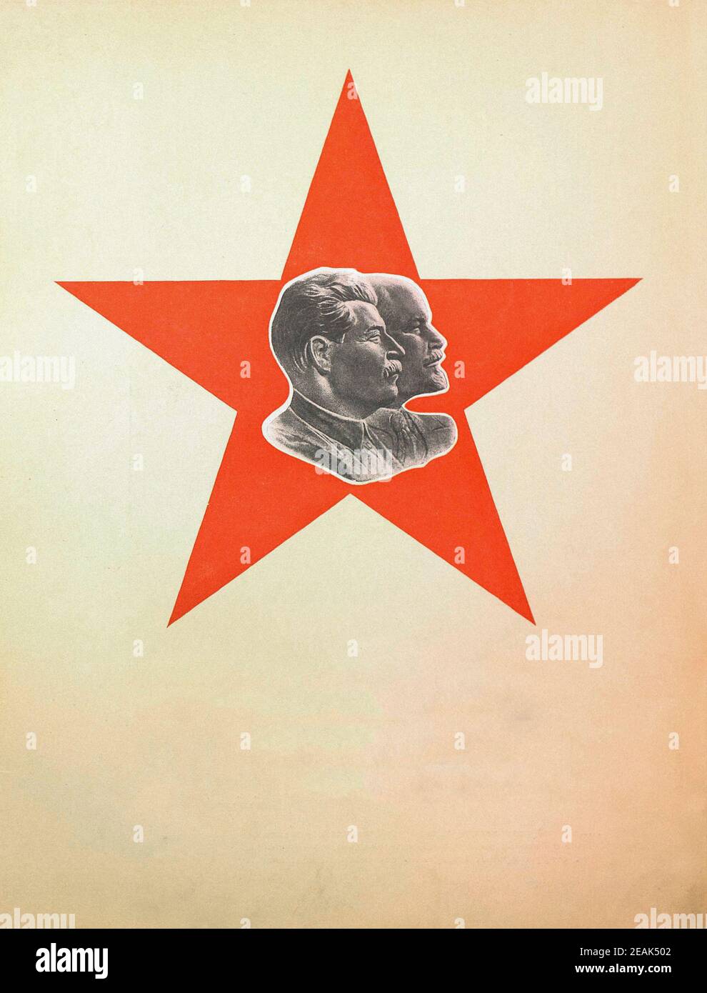 Red Army. From soviet propaganda book of 1937. Soviet leaders Lenin and Stalin on the background of the red star. Stock Photo
