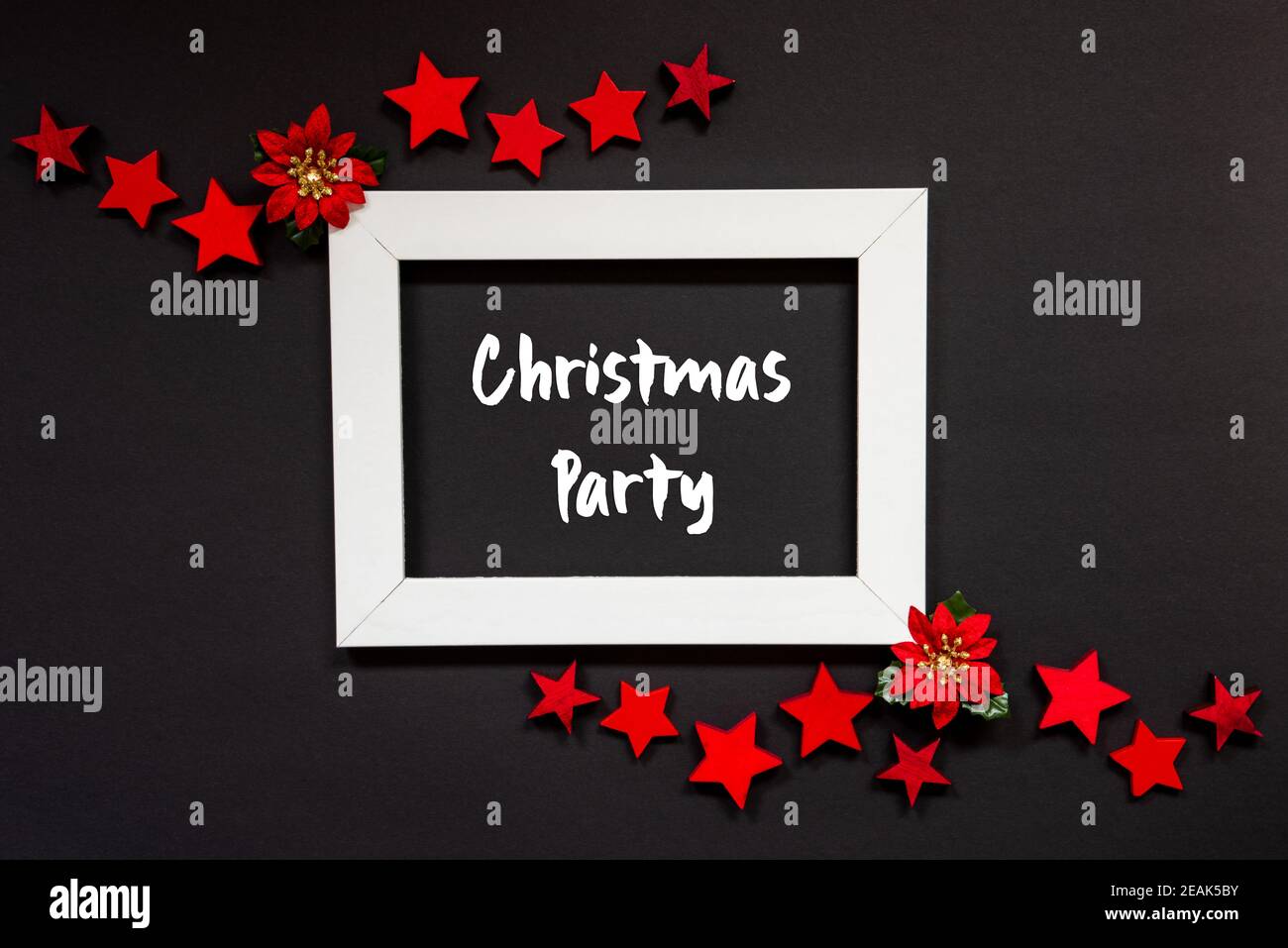 Frame, Red Winter Rose, Star, Text Christmas Party Stock Photo