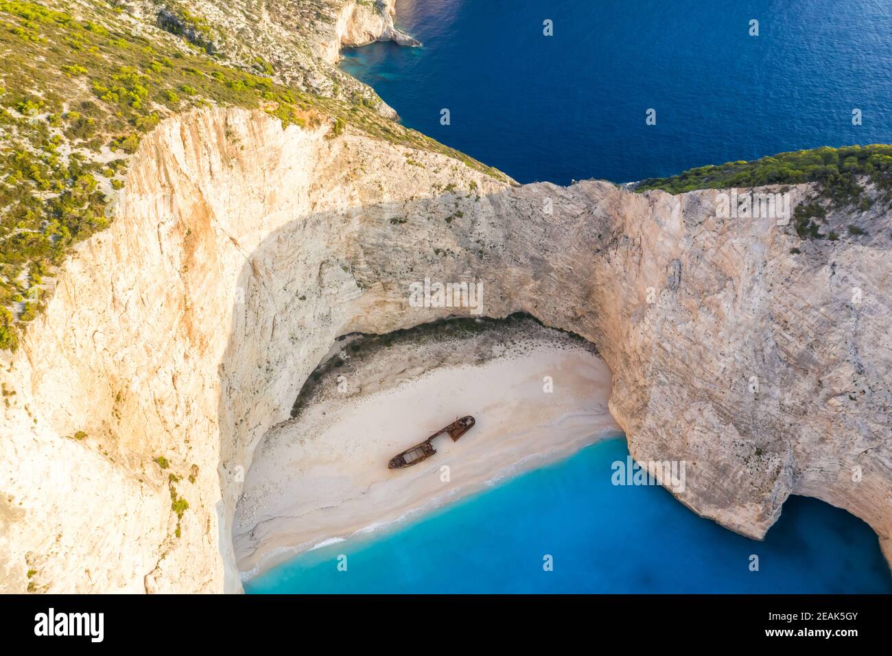 Zakynthos island Greece shipwreck Navagio beach drone view aerial photo Stock Photo
