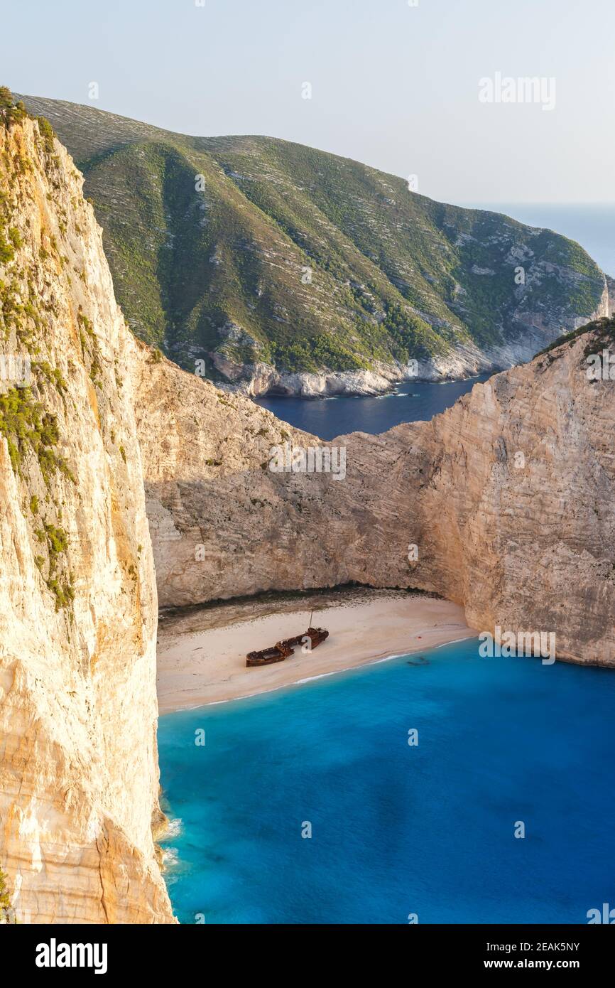 Zakynthos island Greece shipwreck Navagio beach travel vacation portrait format Stock Photo