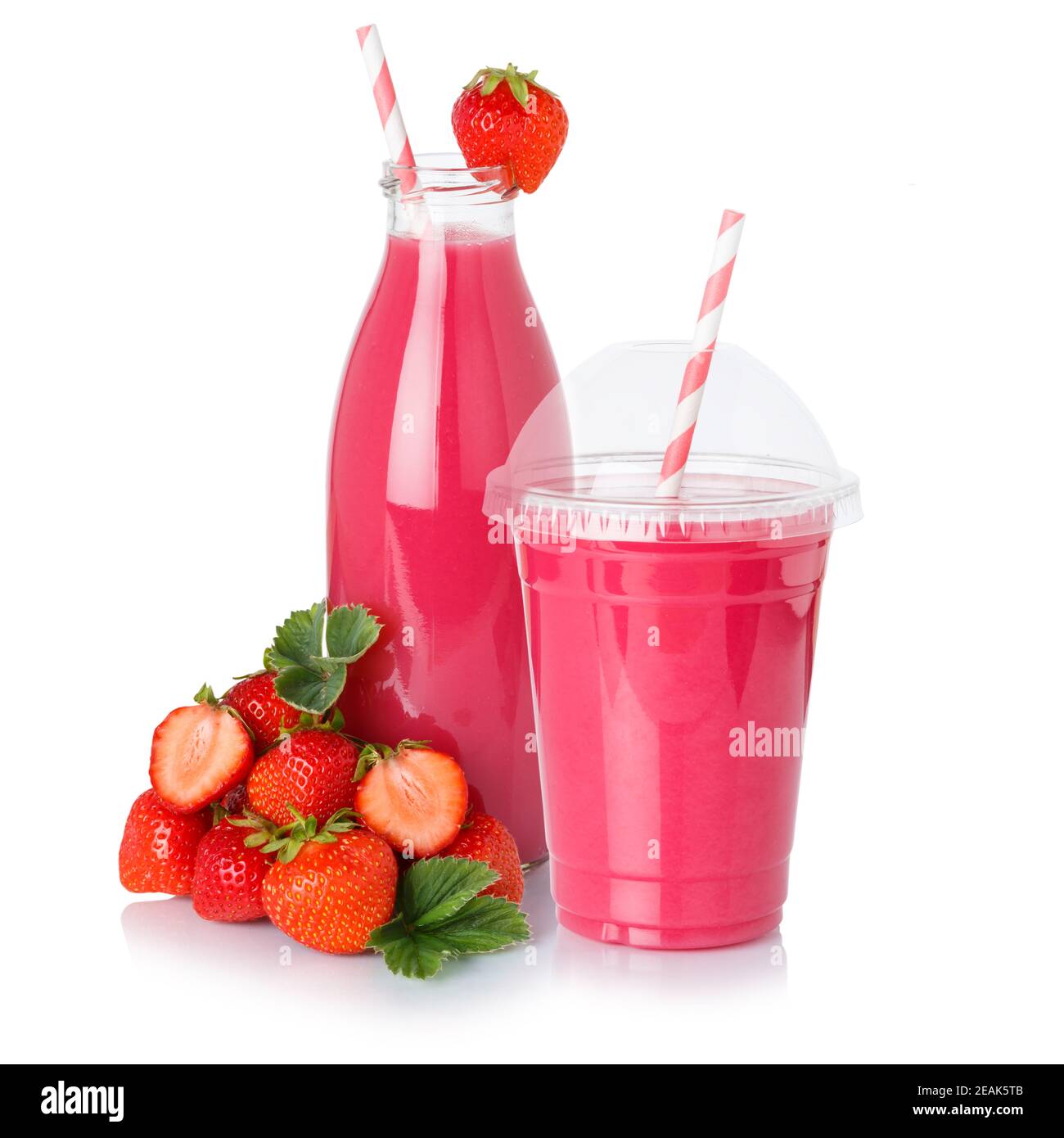 Fruit juice drink strawberry smoothie straw strawberries in a bottle
